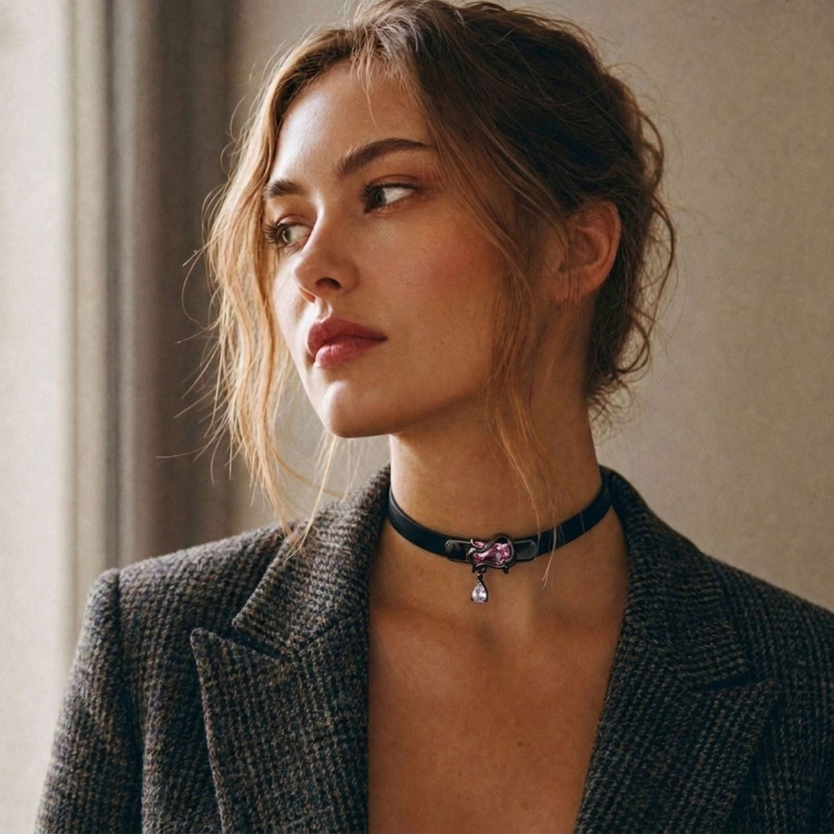 Collier ras-du-cou gothique pour femme, en simili cuir noir, avec cristal décoratif