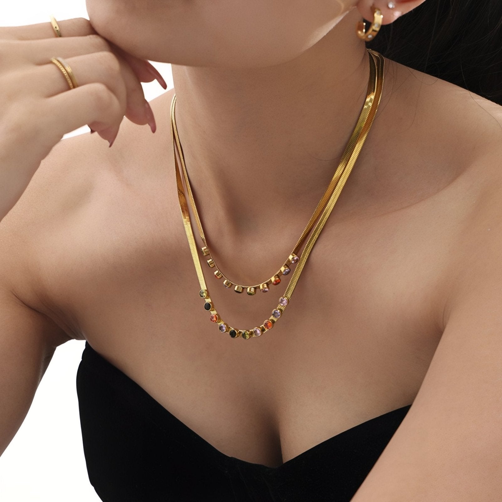 Collier ras - du - cou maille serpent plaqué or 18K, orné de zircons multicolores, en acier inoxydable