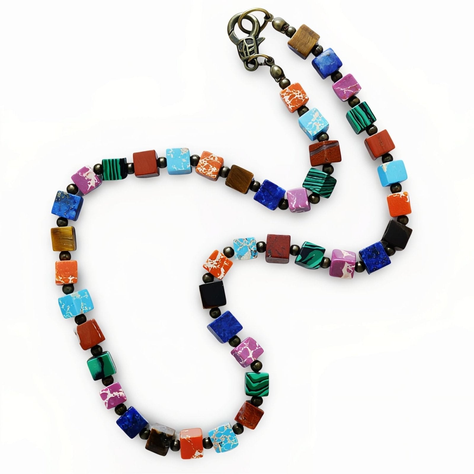 Collier ras - du - cou multicolore en pierres naturelles, 7 chakras, perles carrées multicolores