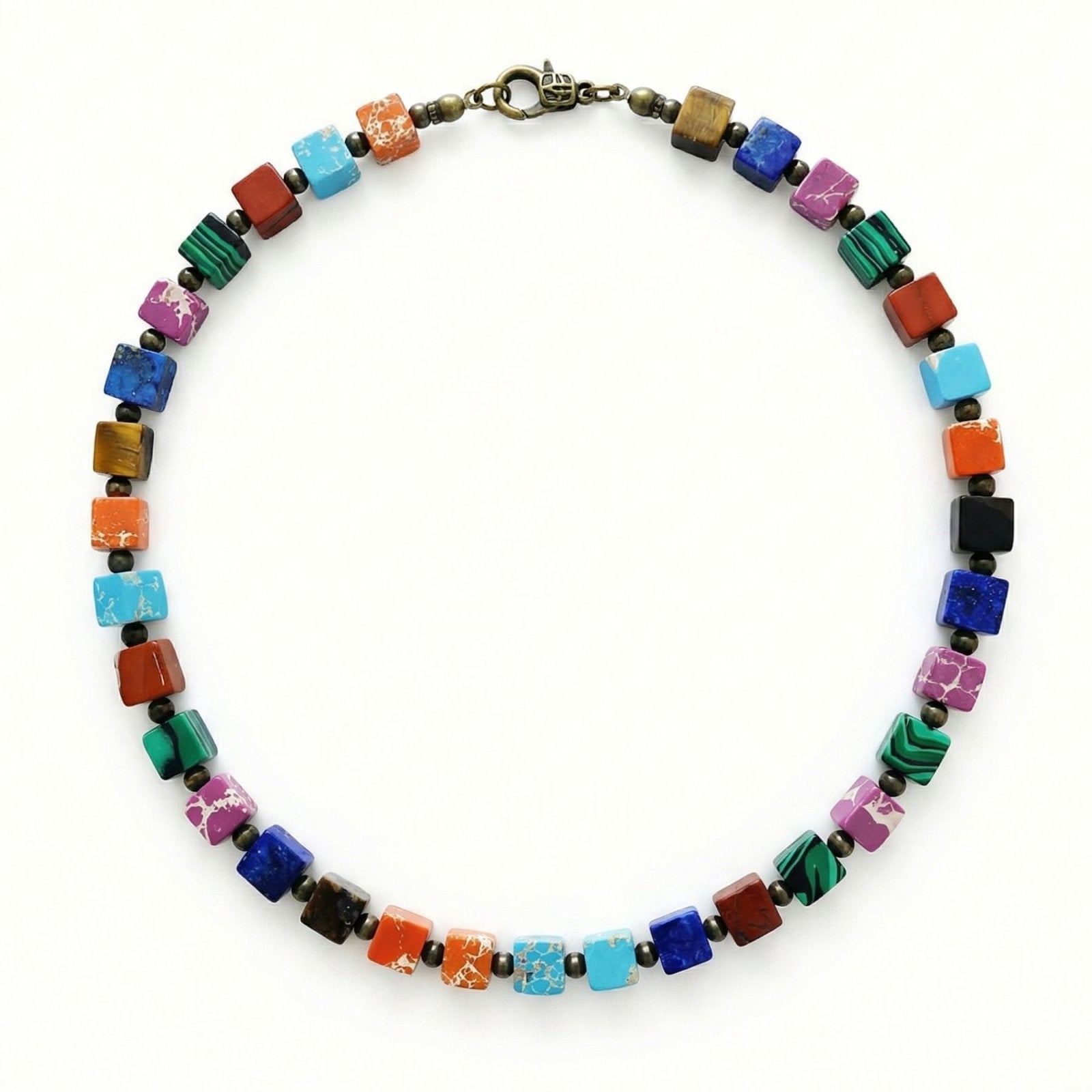 Collier ras - du - cou multicolore en pierres naturelles, 7 chakras, perles carrées multicolores