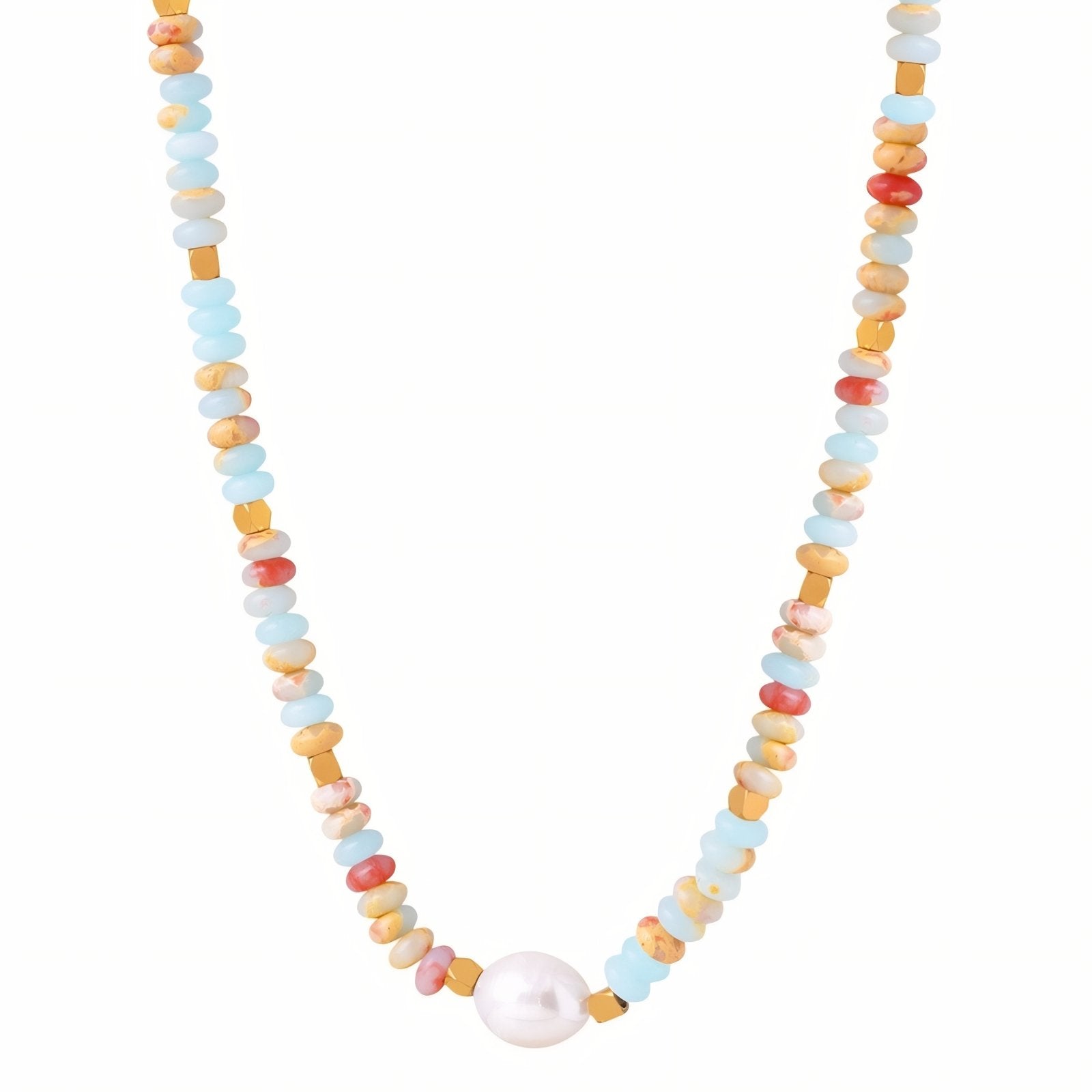 Collier ras - du - cou multicolore pour femme, en perles artisanales et perle centrale blanche, style bohème