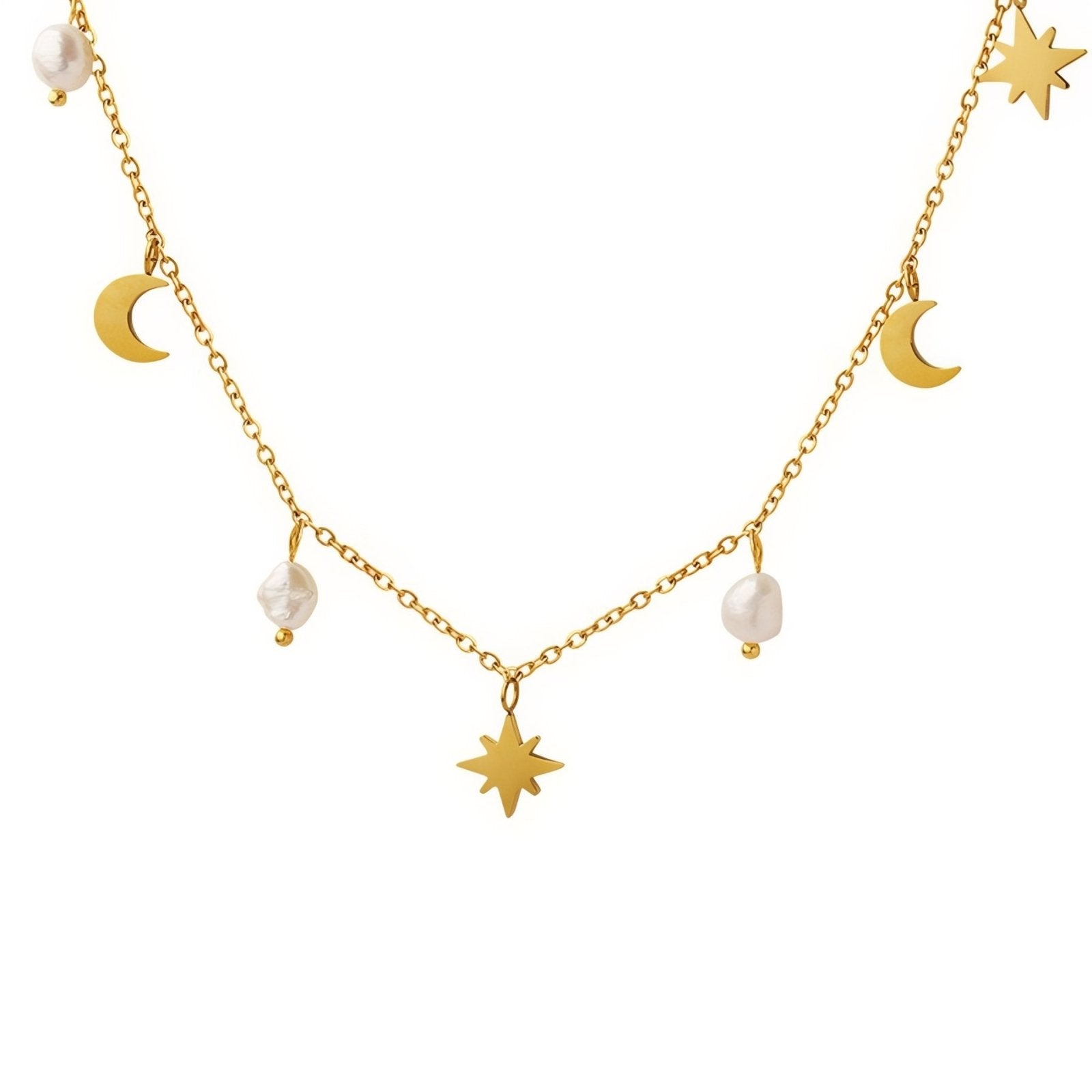 Collier ras - du - cou pour femme, avec perles de nacre et pendentifs lune et étoile, en acier inoxydable