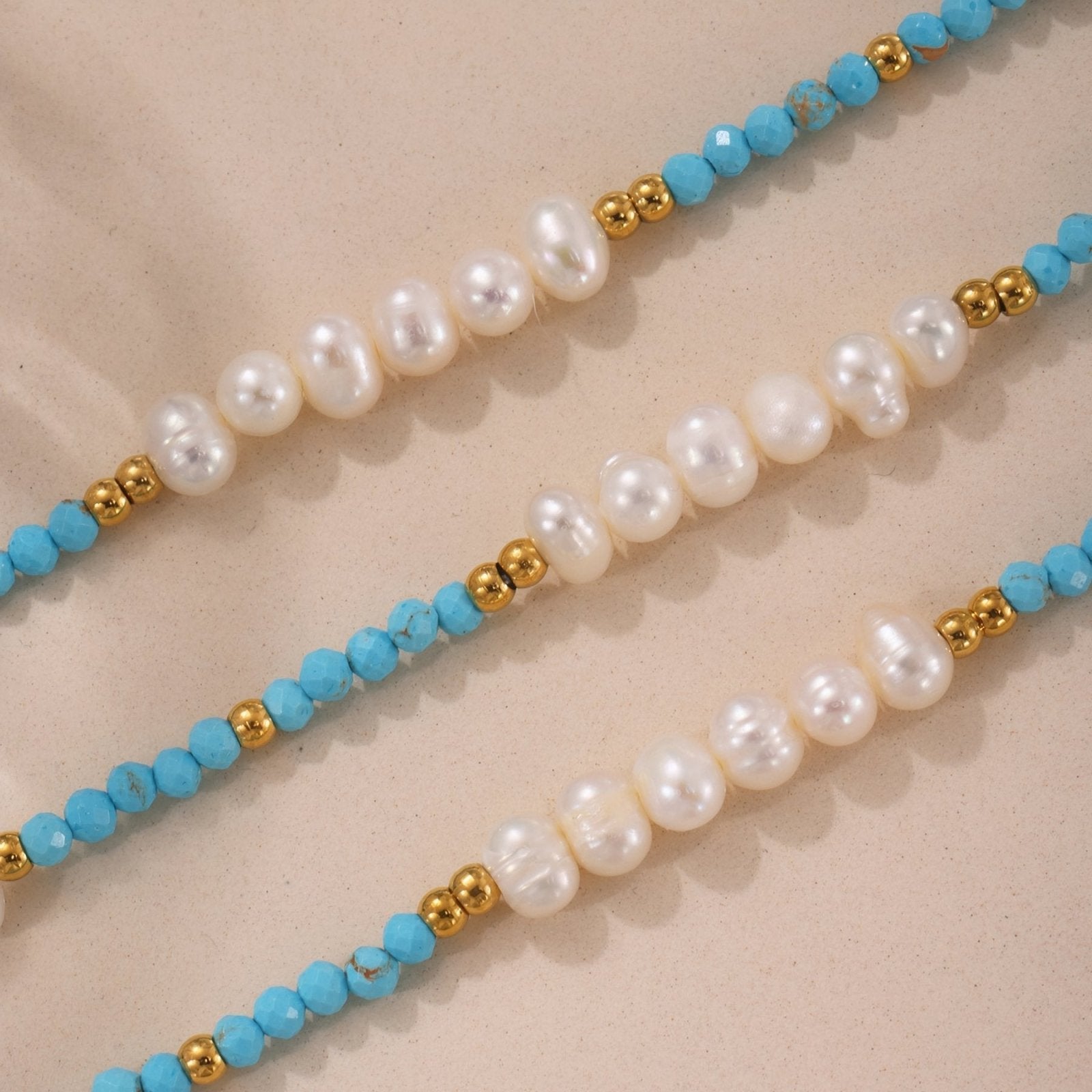 Collier ras - du - cou pour femme, avec perles d'eau douce et pierres naturelles de turquoise, style bohème chic