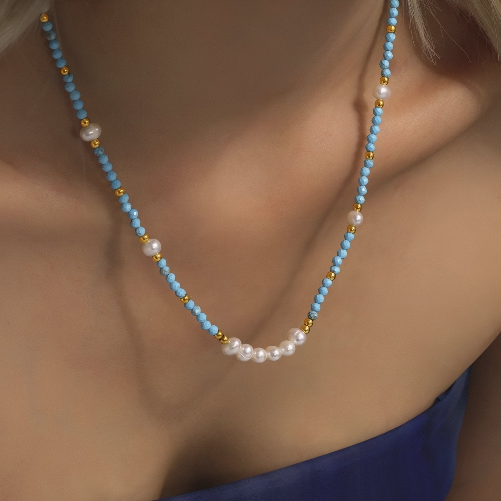 Collier ras - du - cou pour femme, avec perles d'eau douce et pierres naturelles de turquoise, style bohème chic