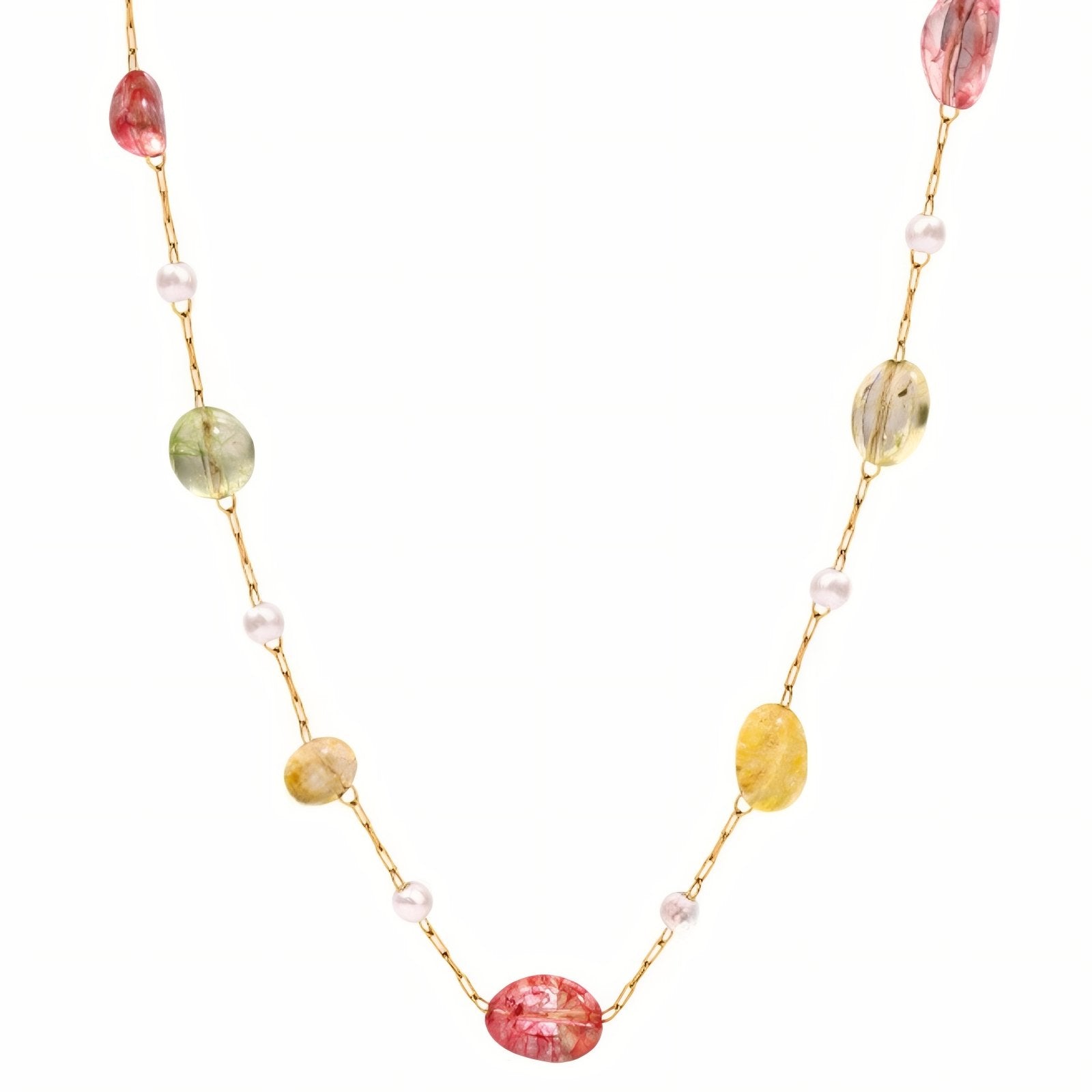Collier ras - du - cou pour femme, avec pierres multicolores et perles blanches, en acier inoxydable