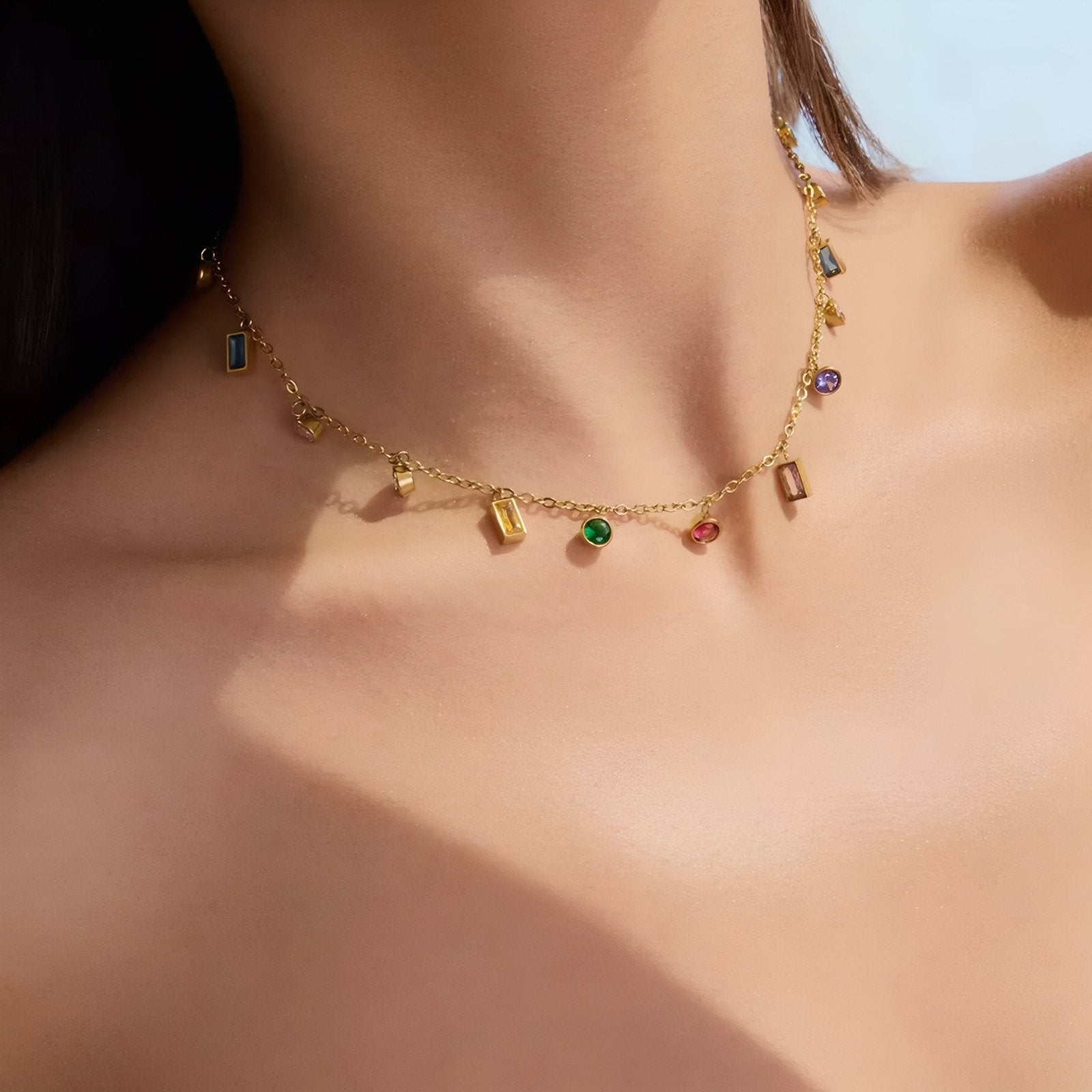 Collier ras - du - cou pour femme, avec zircon multicolores, en acier inoxydable