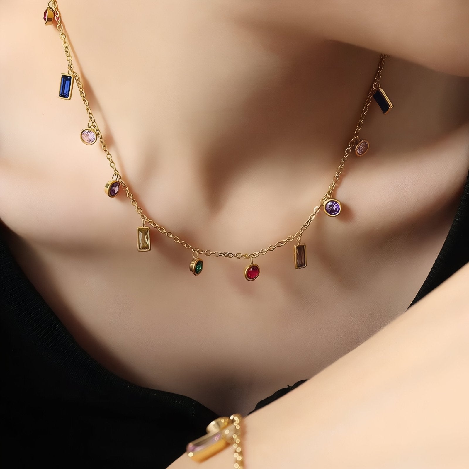 Collier ras - du - cou pour femme, avec zircon multicolores, en acier inoxydable