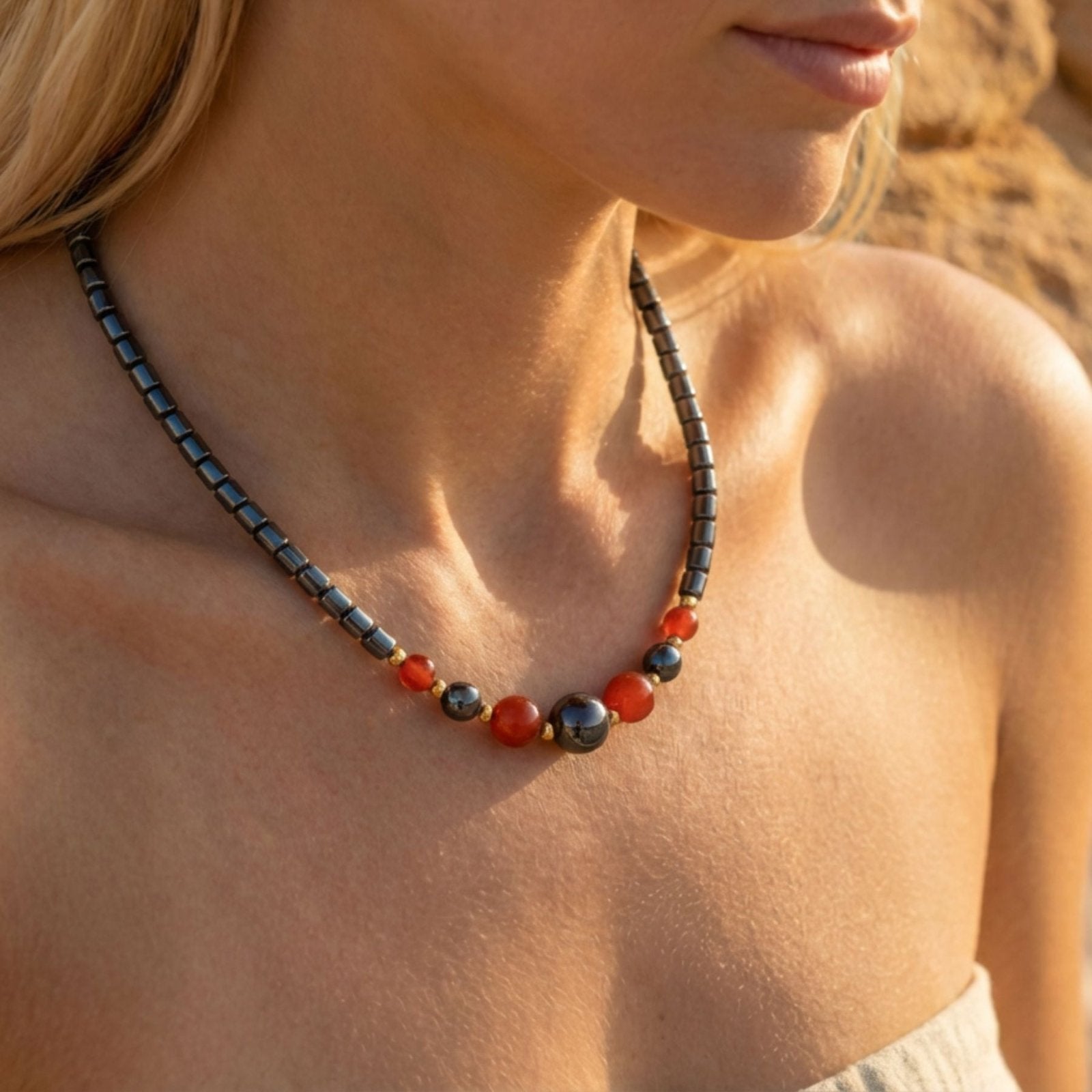 Collier ras - du - cou pour femme, en pierres naturelles cornaline et hématite, style ethnique