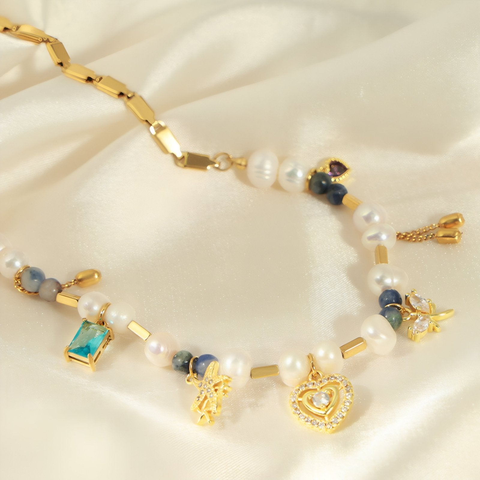Collier ras - du - cou pour femme, pendentif cœur, avec perles d’eau douce, en acier inoxydable