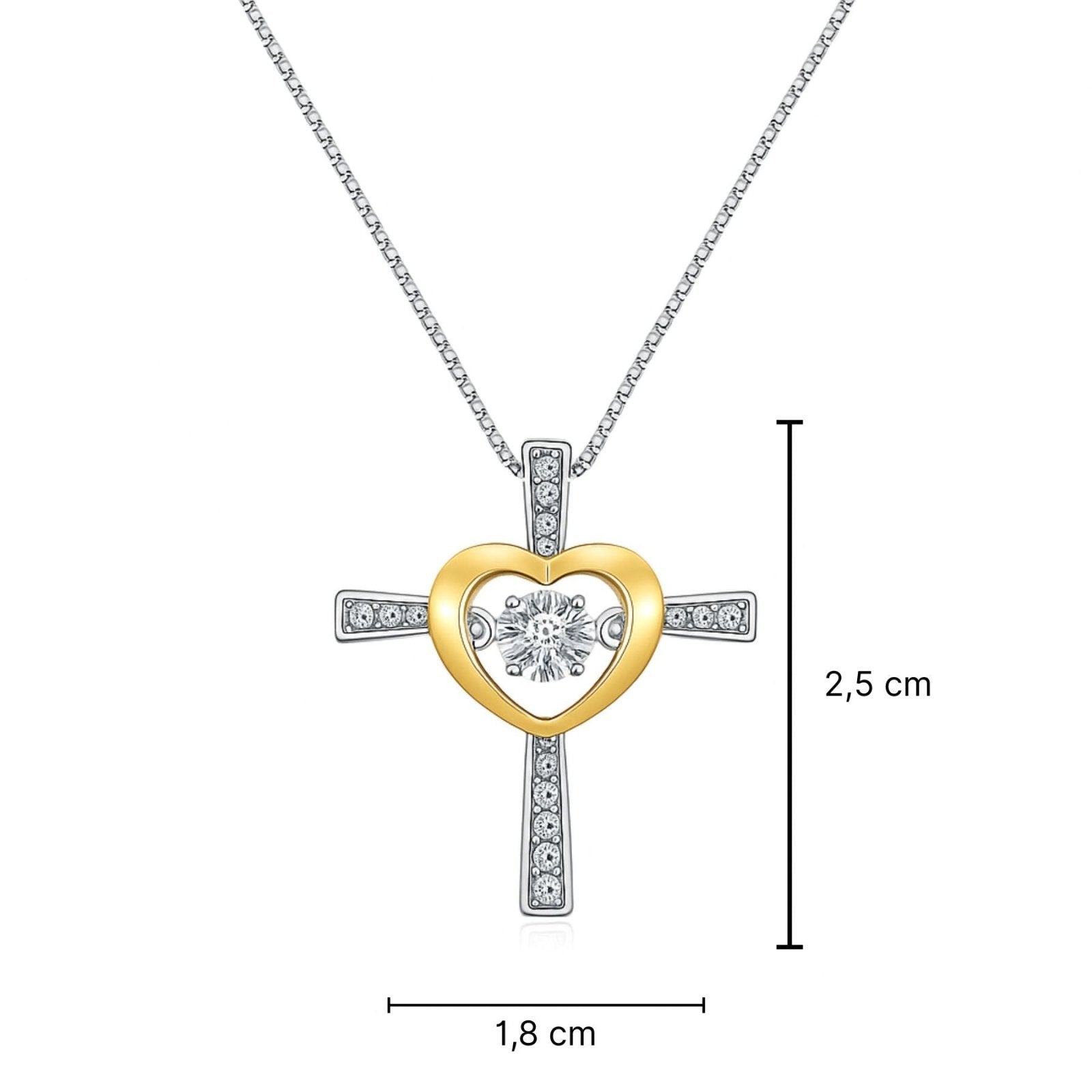 Collier religieux chic, en argent 925, croix pavée de zircons avec pendentif cœur doré, modèle Anaëlle