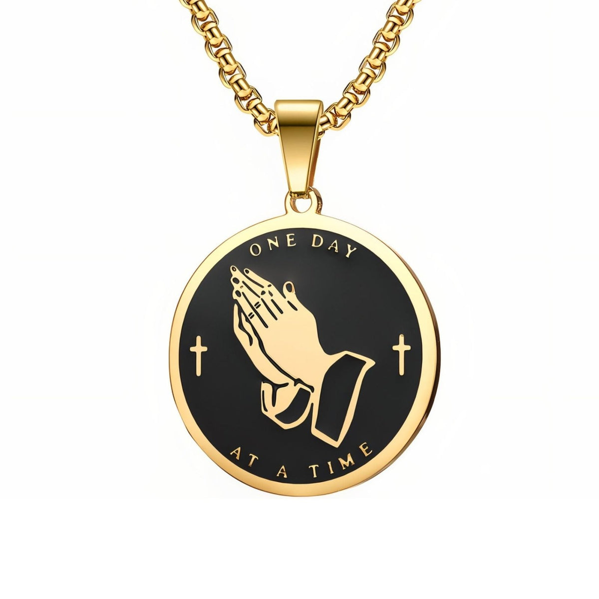 Collier religieux mains en prière pour homme, en acier inoxydable, médaillon chrétien et prière de la sérénité gravée au dos
