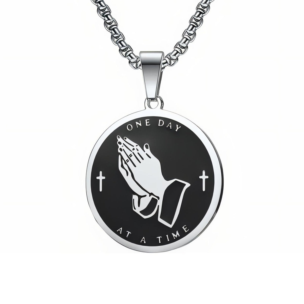 Collier religieux mains en prière pour homme, en acier inoxydable, médaillon chrétien et prière de la sérénité gravée au dos