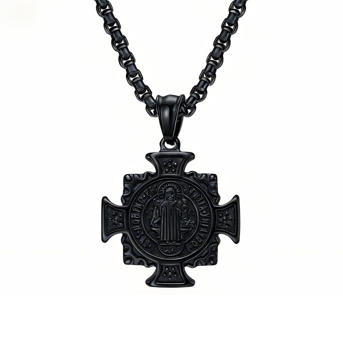 Collier religieux Saint Benoît pour homme, en acier inoxydable, médaille ronde ornée d’une croix chrétienne