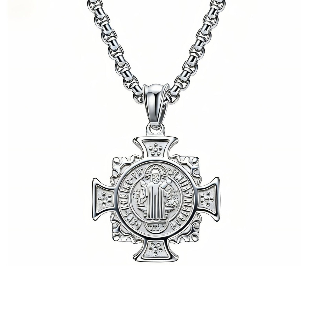 Collier religieux Saint Benoît pour homme, en acier inoxydable, médaille ronde ornée d’une croix chrétienne