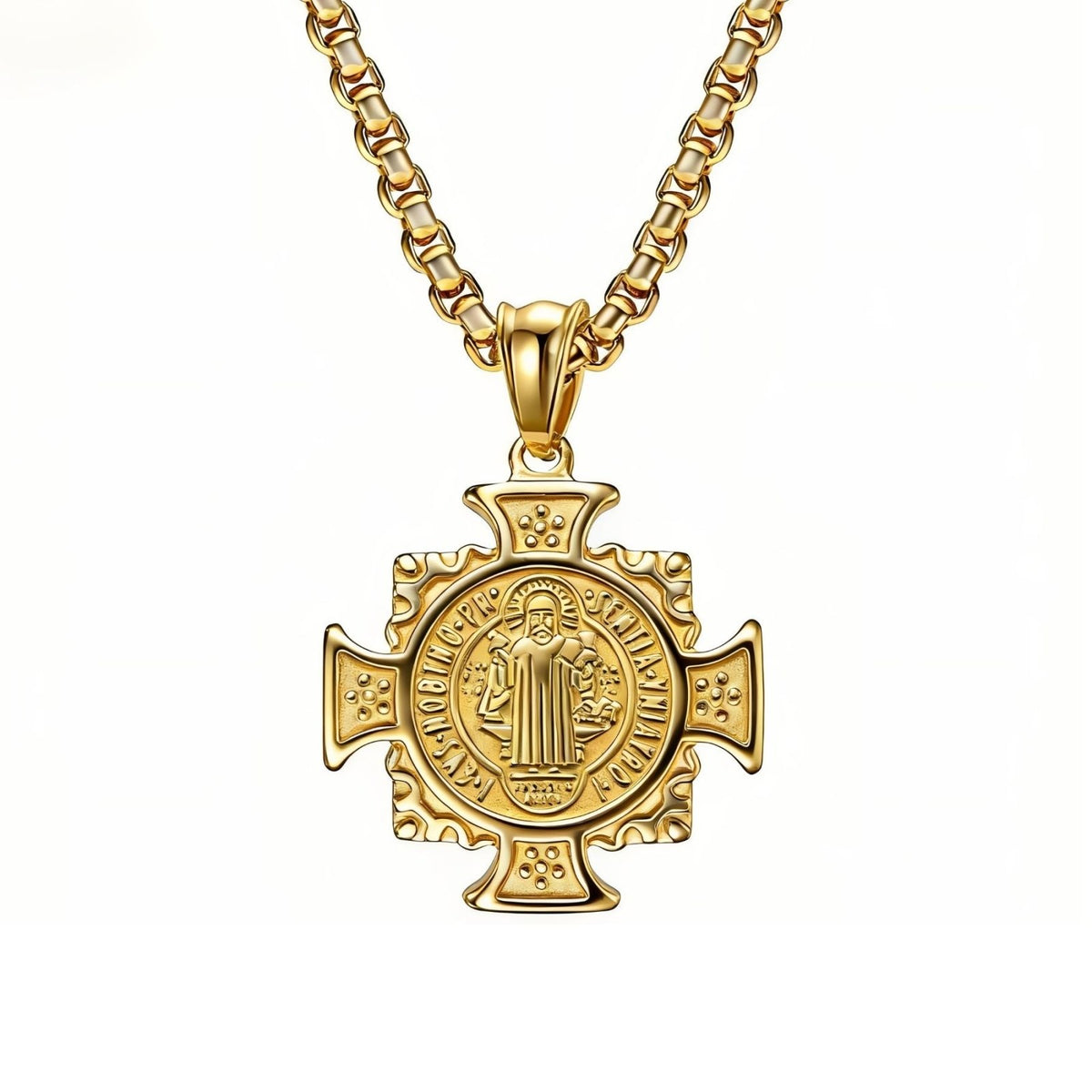 Collier religieux Saint Benoît pour homme, en acier inoxydable, médaille ronde ornée d’une croix chrétienne