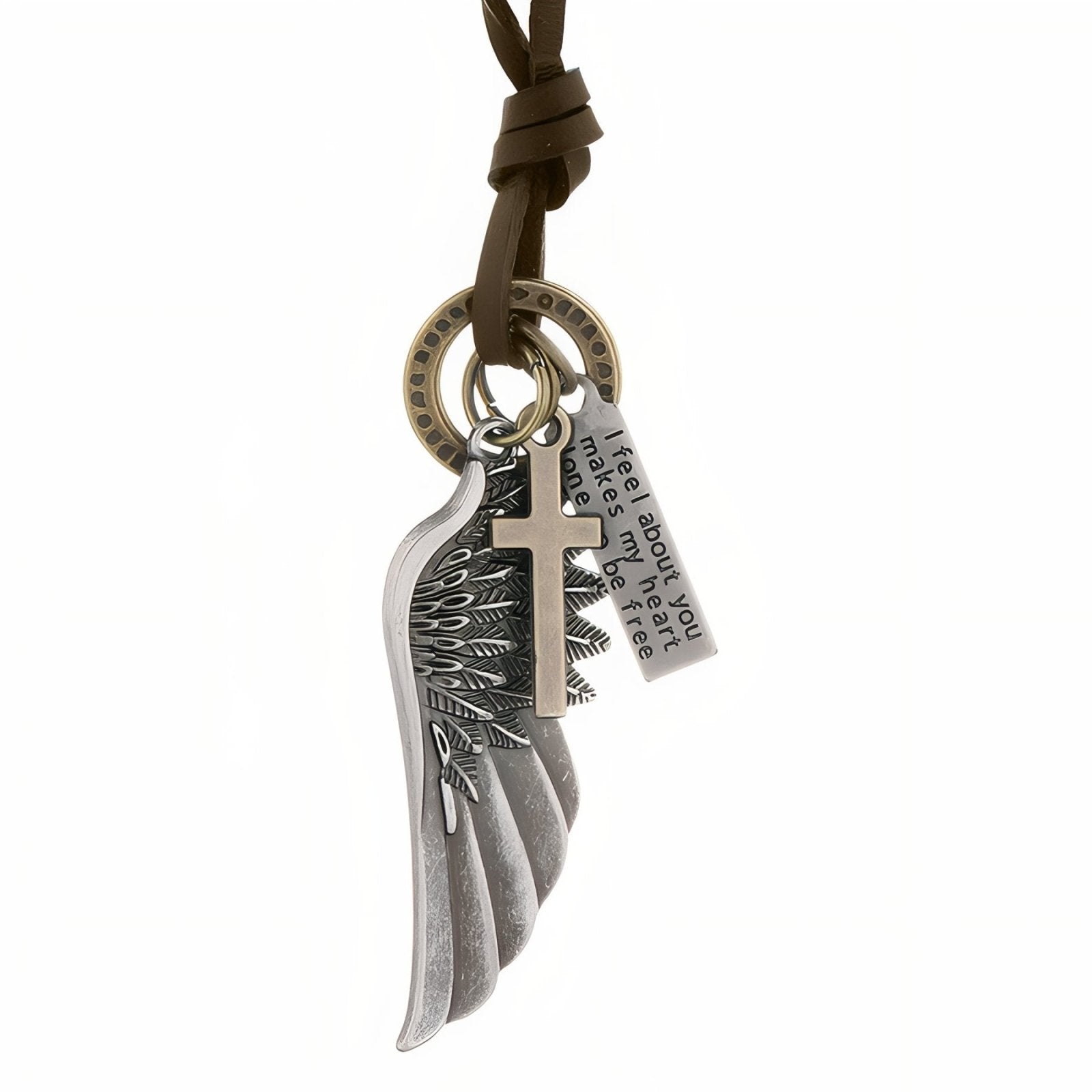 Collier rétro unisexe, pendentif aile d'ange et croix, cordon en cuir marron