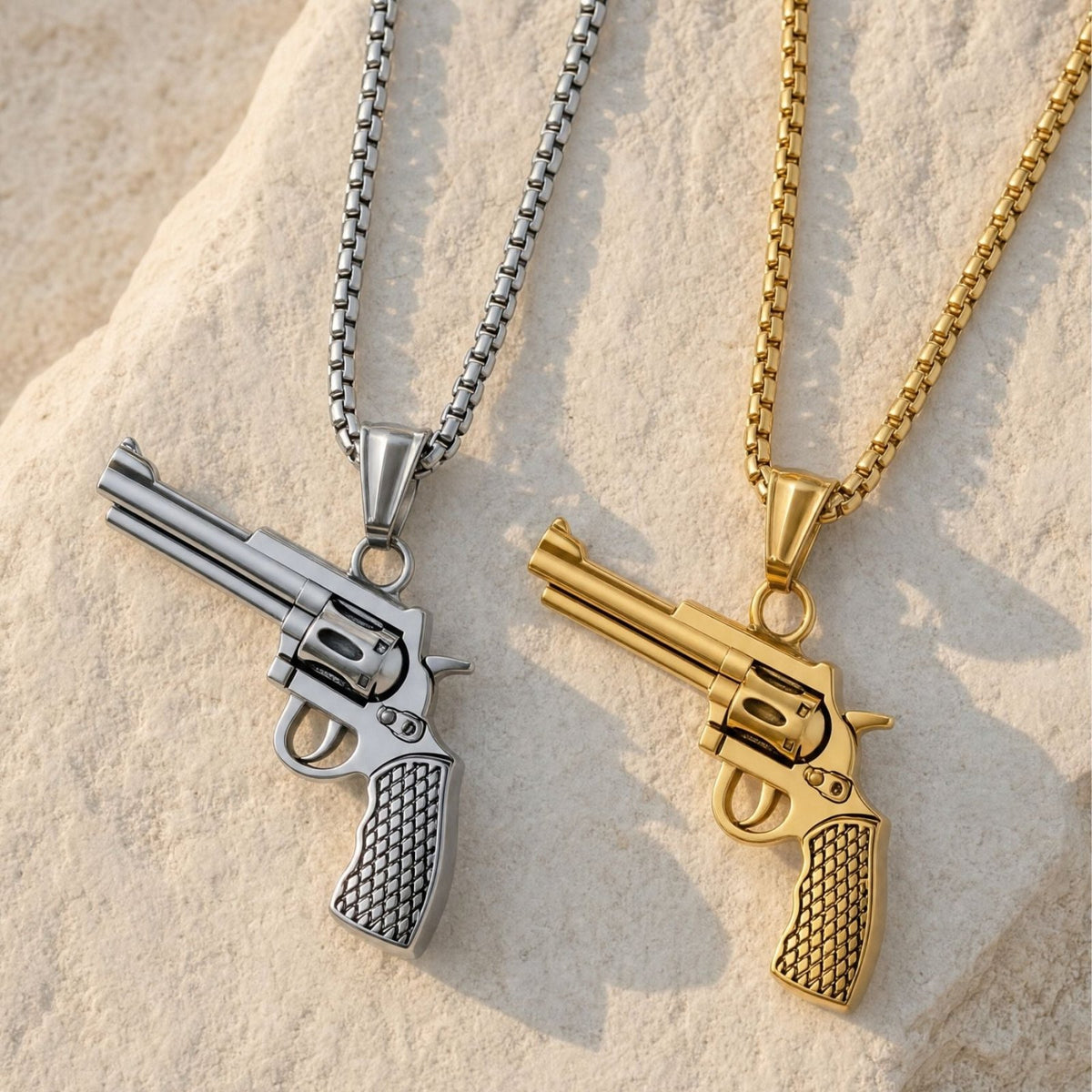 Collier revolver pour homme, en acier inoxydable, pendentif pistolet western sculpté