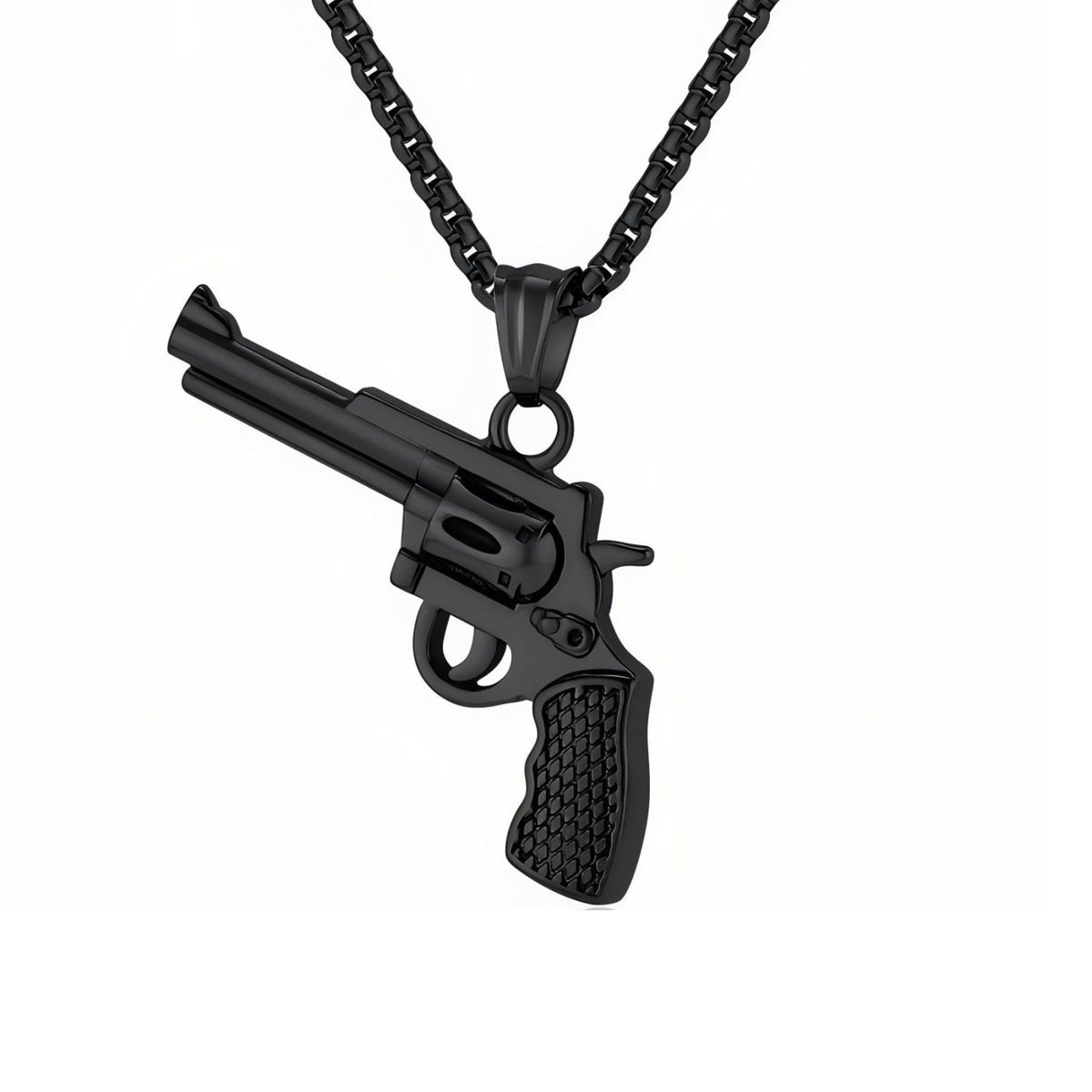 Collier revolver pour homme, en acier inoxydable, pendentif pistolet western sculpté