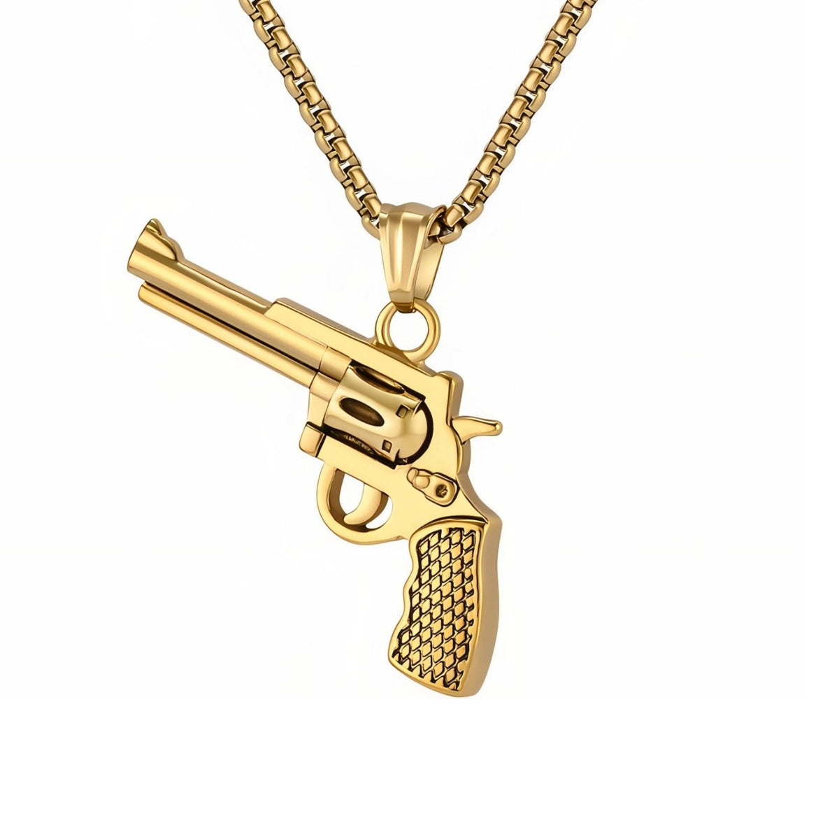 Collier revolver pour homme, en acier inoxydable, pendentif pistolet western sculpté