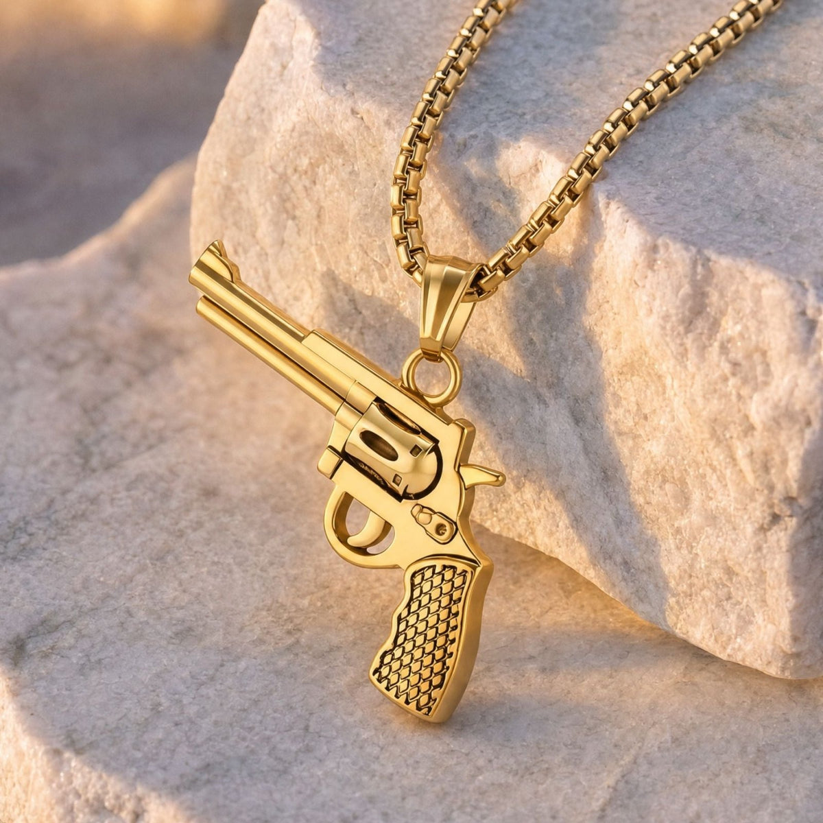 Collier revolver pour homme, en acier inoxydable, pendentif pistolet western sculpté