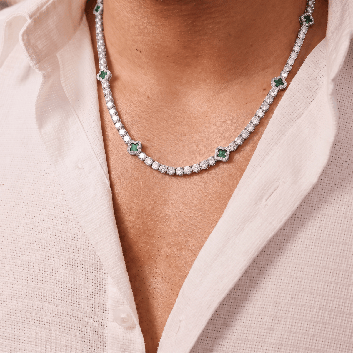 Collier rivière pour homme en cuivre argenté, serti de zircon cubique 5A+, avec motifs trèfle élégants