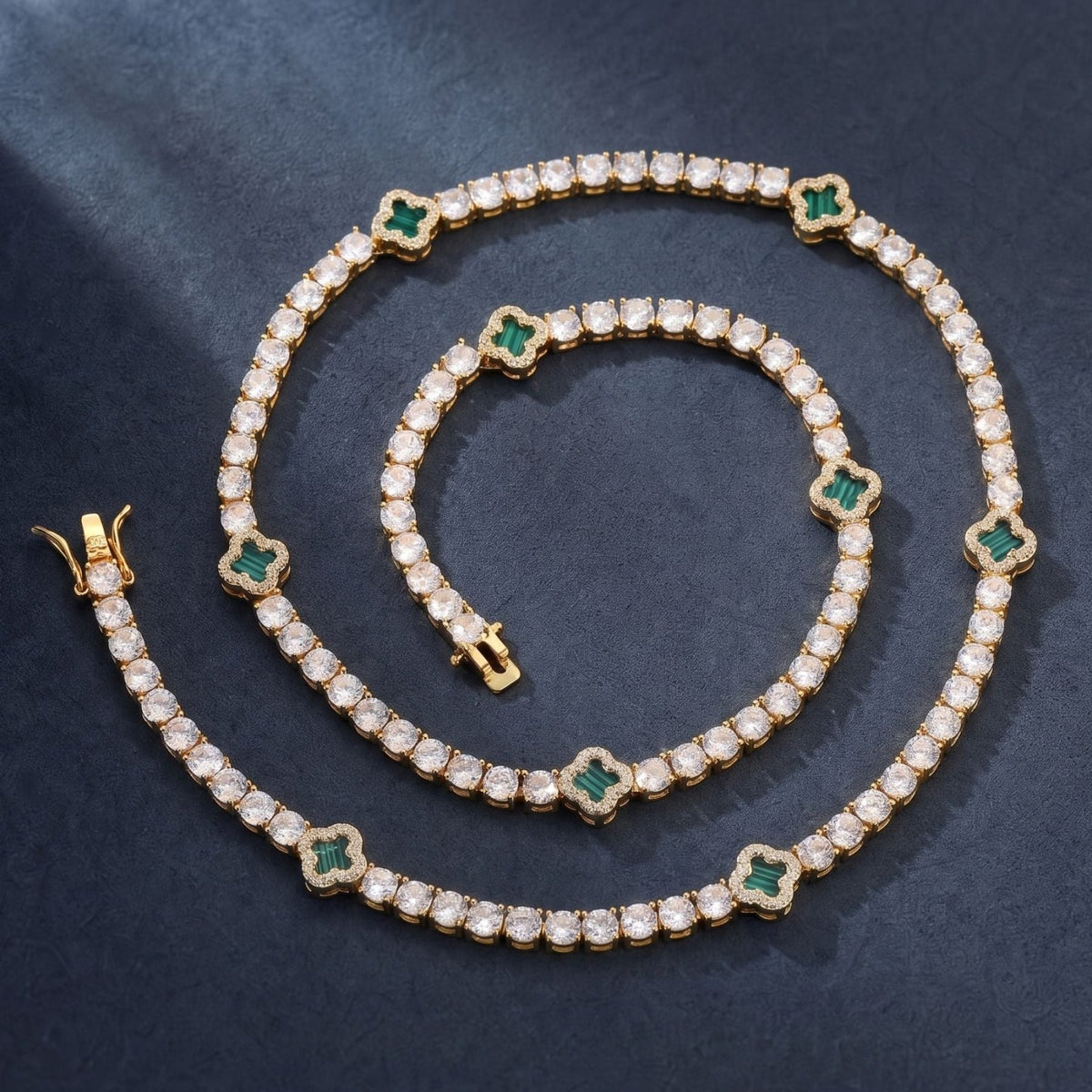 Collier rivière pour homme en cuivre plaqué or, serti de zircon cubique 5A+, avec motifs trèfle élégants