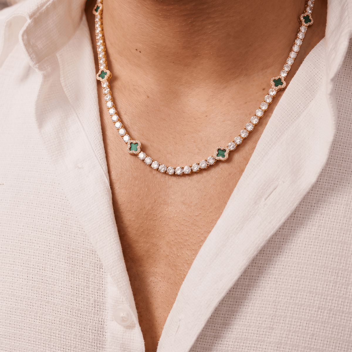Collier rivière pour homme en cuivre plaqué or, serti de zircon cubique 5A+, avec motifs trèfle élégants