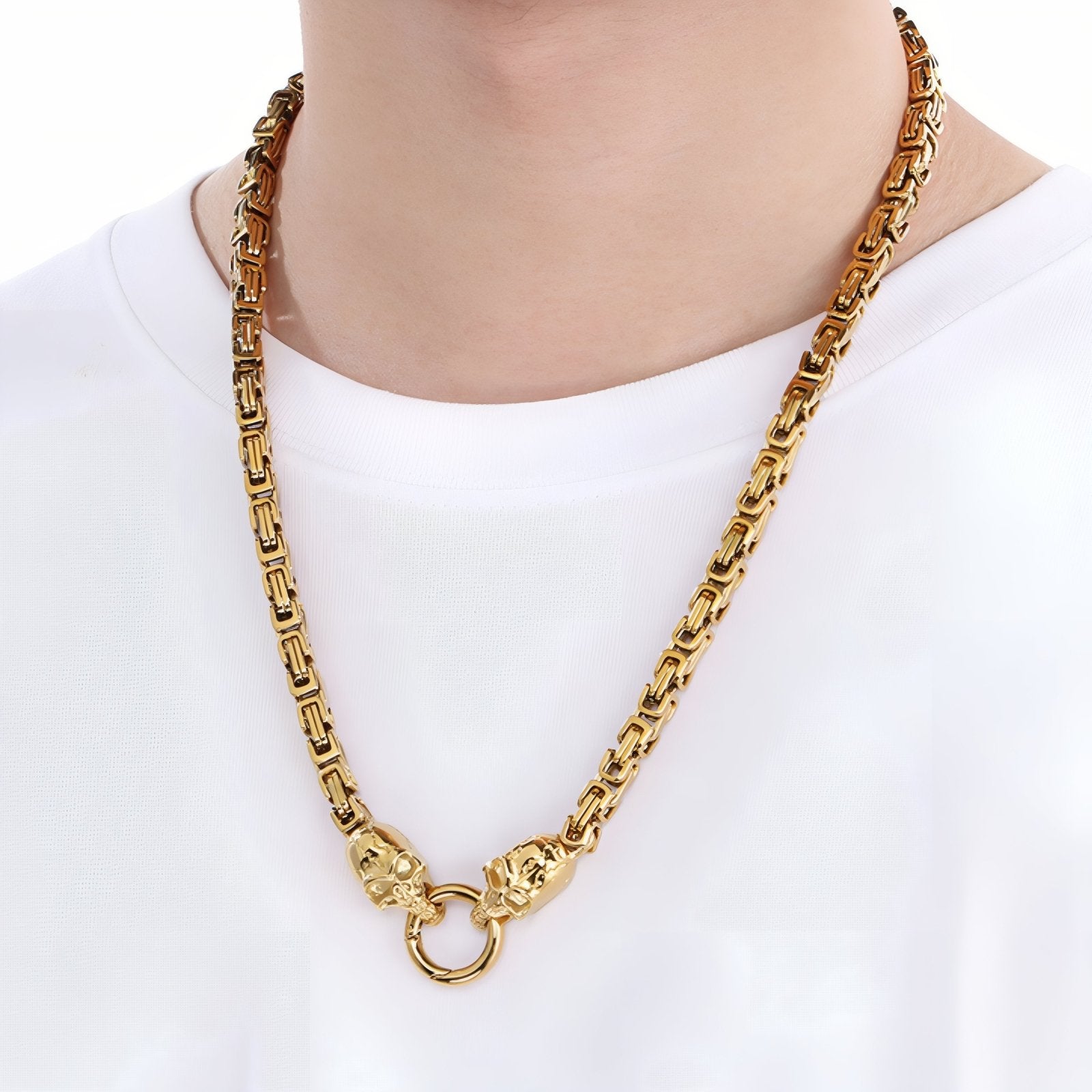 Collier rock avec fermoir tête de mort pour homme, maille byzantine, en acier inoxydable