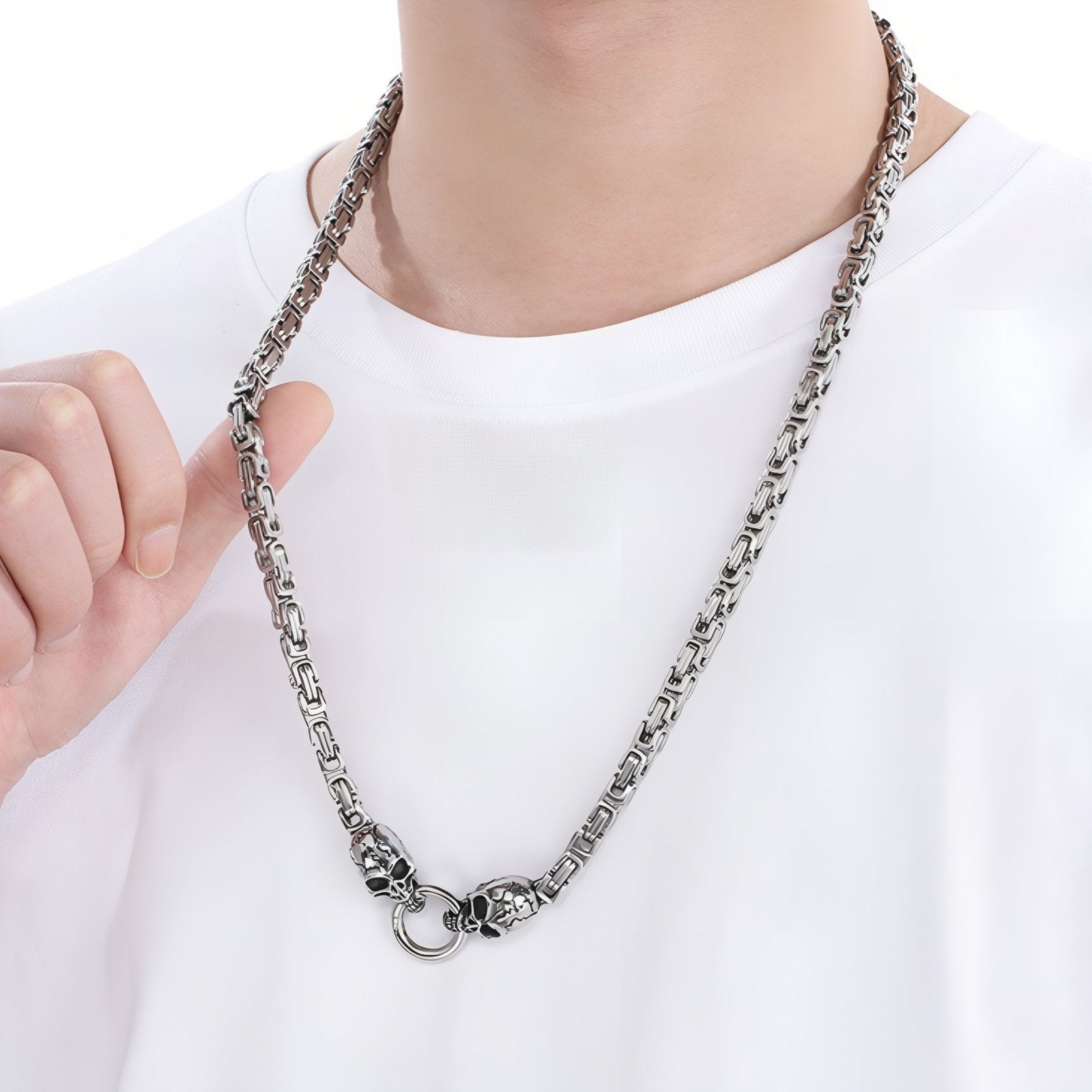 Collier rock avec fermoir tête de mort pour homme, maille byzantine, en acier inoxydable