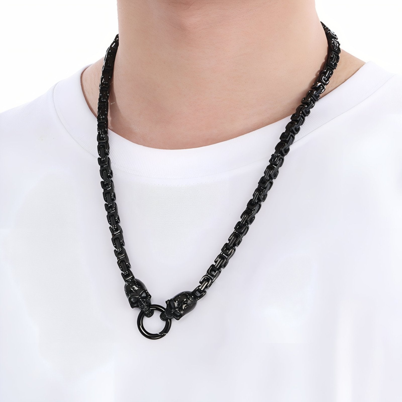 Collier rock avec fermoir tête de mort pour homme, maille byzantine, en acier inoxydable