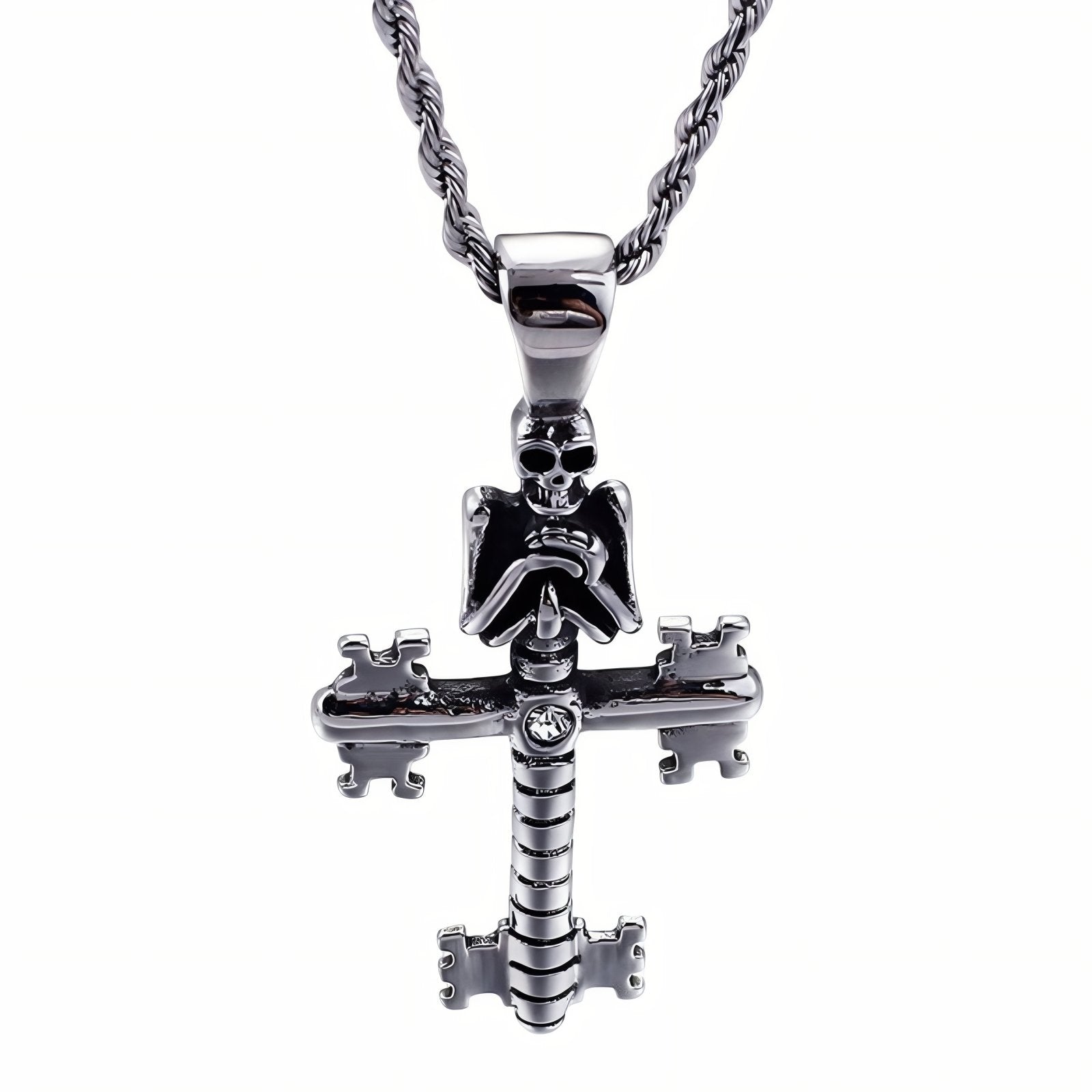 Collier rock pour homme, avec pendentif croix ornée d’une tête de mort, en acier inoxydable
