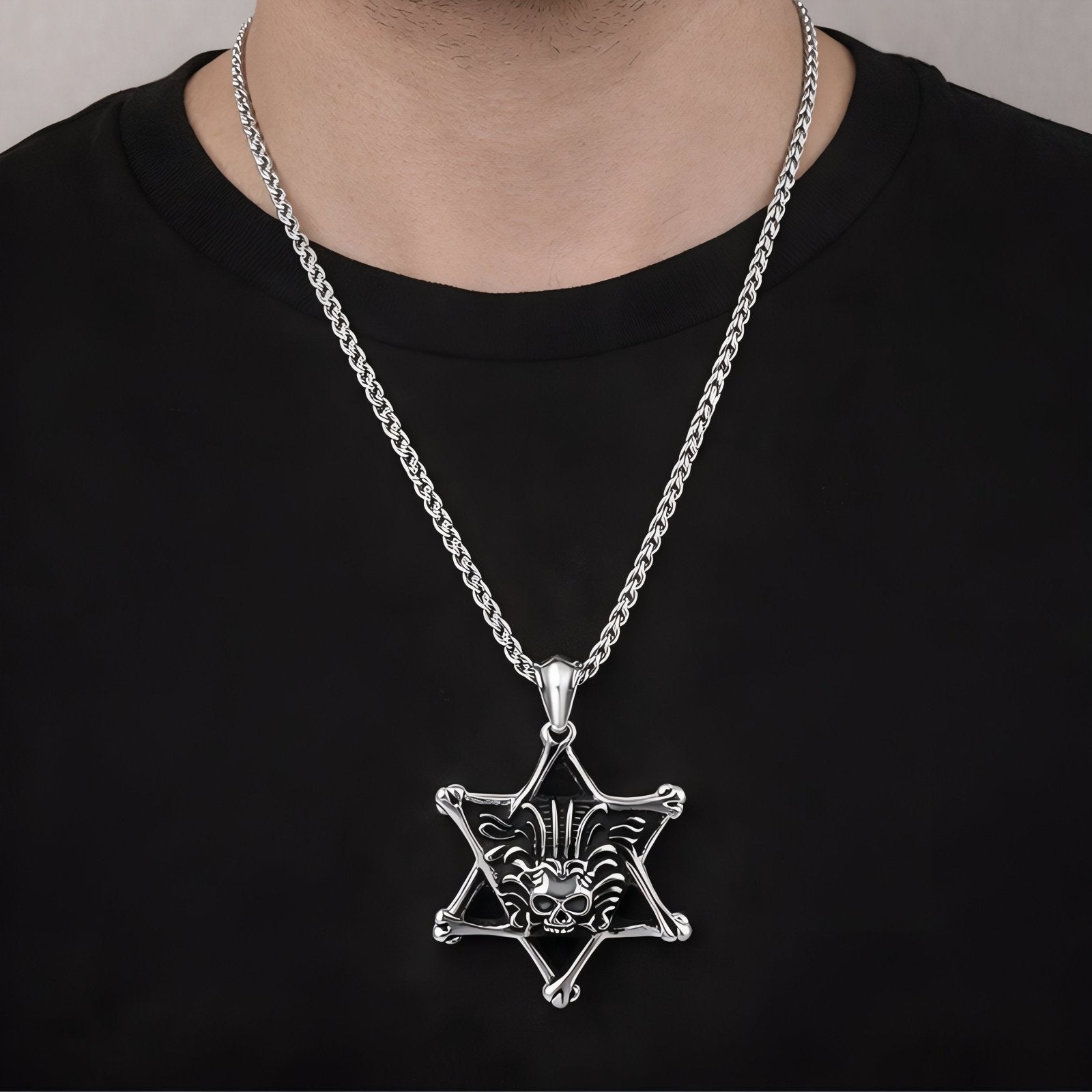 Collier rock pour homme, avec pendentif étoile et tête de mort, en acier inoxydable