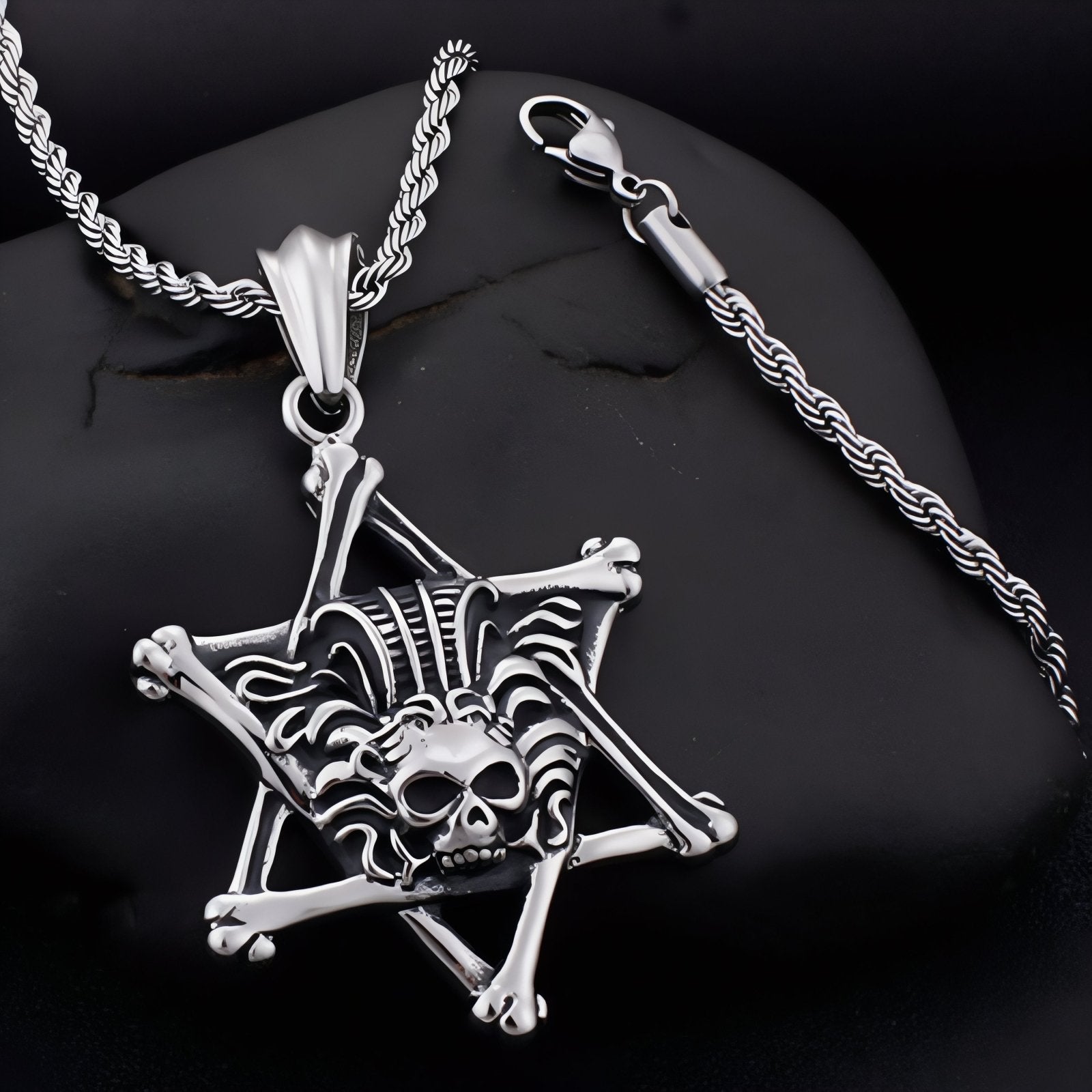 Collier rock pour homme, avec pendentif étoile et tête de mort, en acier inoxydable