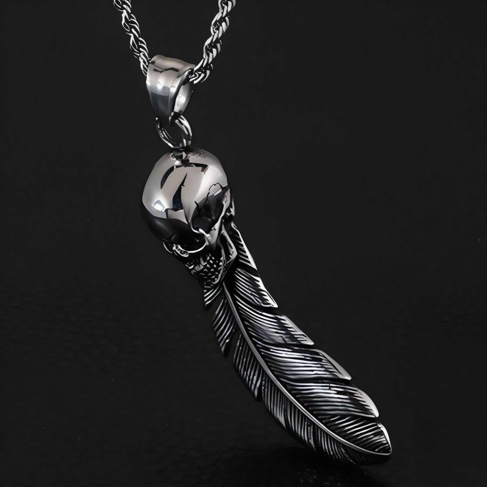 Collier rock pour homme, avec pendentif plume et tête de mort, en acier inoxydable