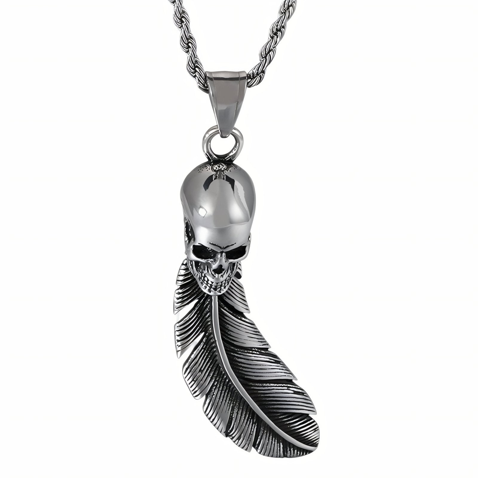 Collier rock pour homme, avec pendentif plume et tête de mort, en acier inoxydable