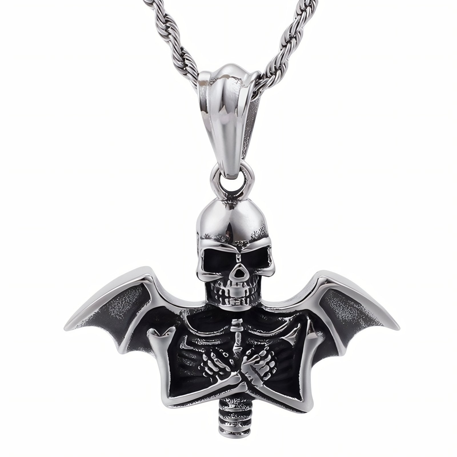 Collier rock pour homme, avec pendentif tête de mort chauve - souris, en acier inoxydable