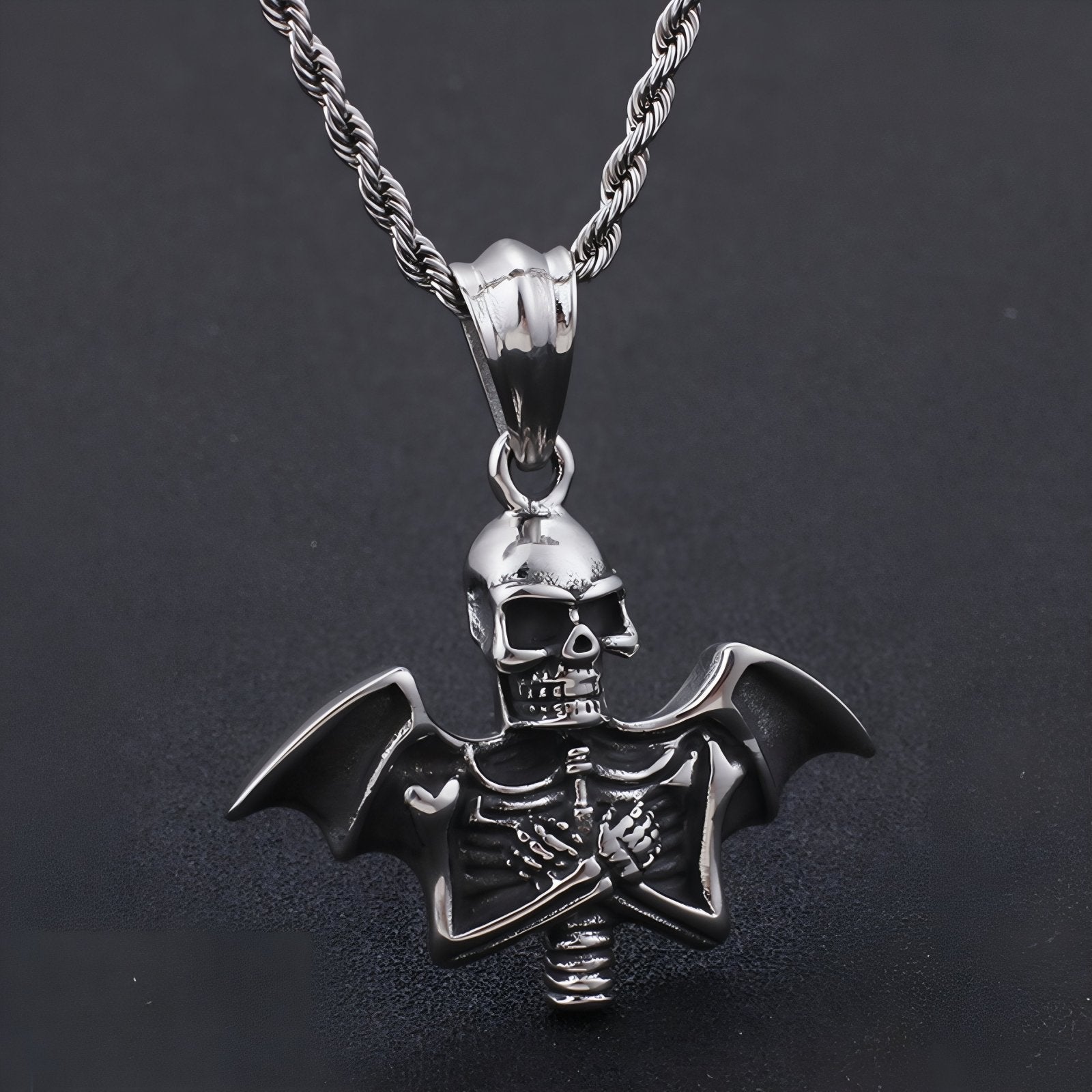 Collier rock pour homme, avec pendentif tête de mort chauve - souris, en acier inoxydable