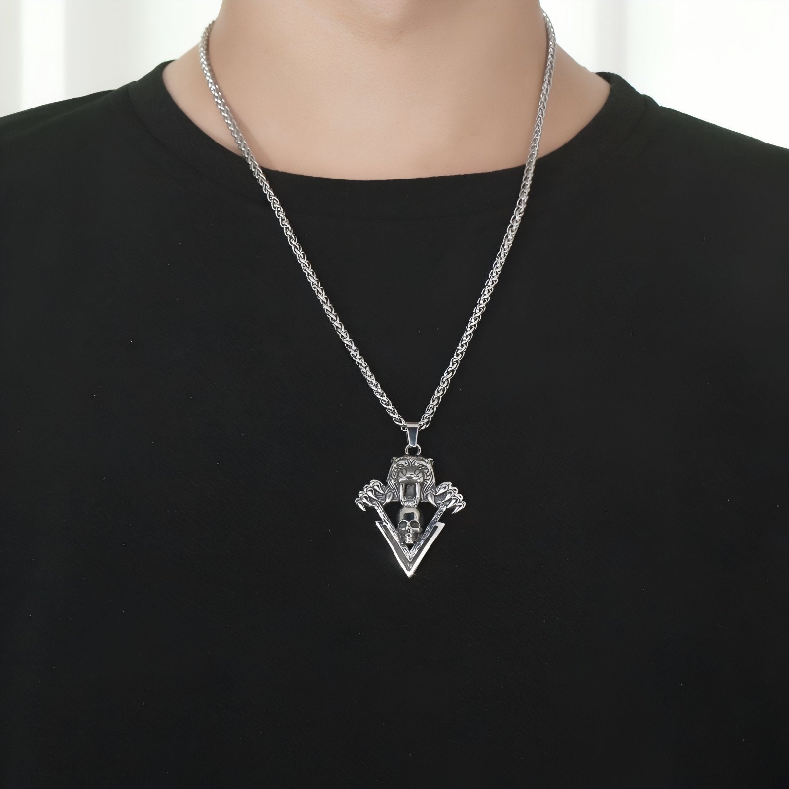 Collier rock pour homme, avec pendentif tigre féroce et tête de mort, en acier inoxydable