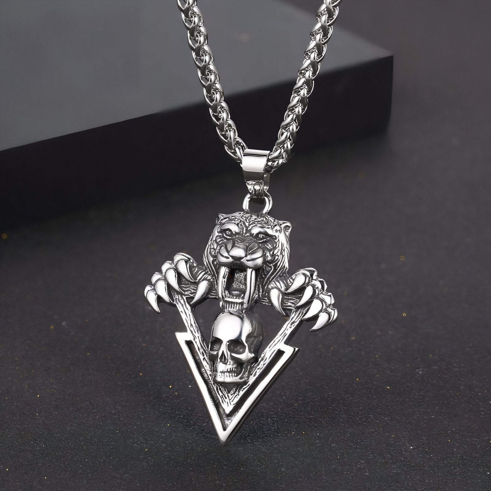 Collier rock pour homme, avec pendentif tigre féroce et tête de mort, en acier inoxydable