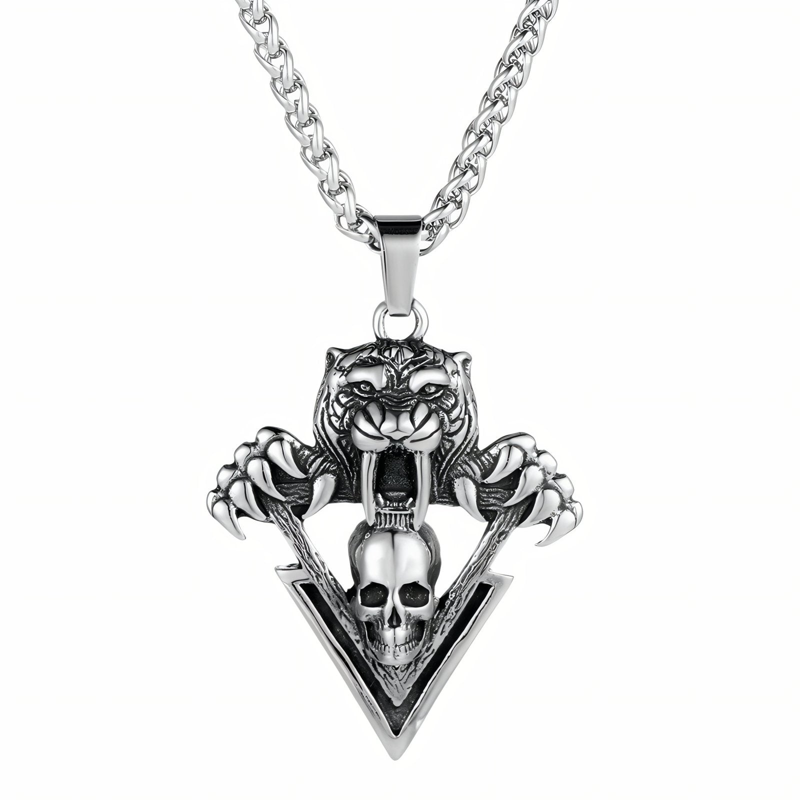 Collier rock pour homme, avec pendentif tigre féroce et tête de mort, en acier inoxydable