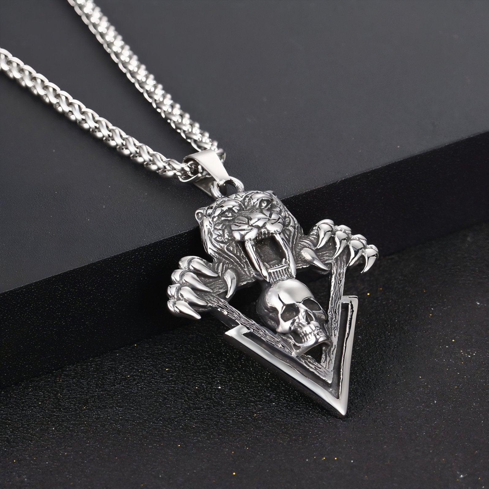 Collier rock pour homme, avec pendentif tigre féroce et tête de mort, en acier inoxydable