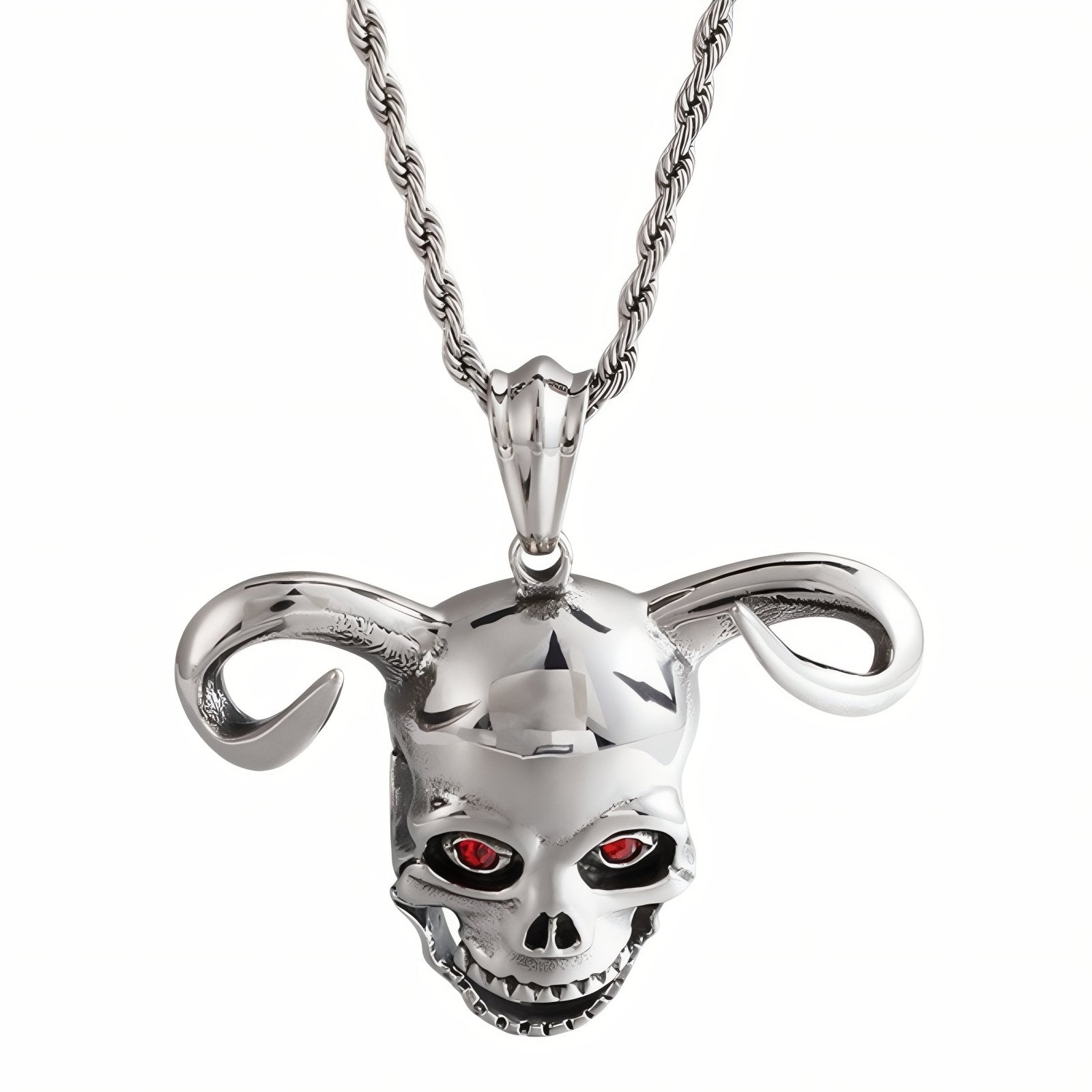 Collier rock pour homme, pendentif tête de mort avec cornes et yeux rouges, en acier inoxydable