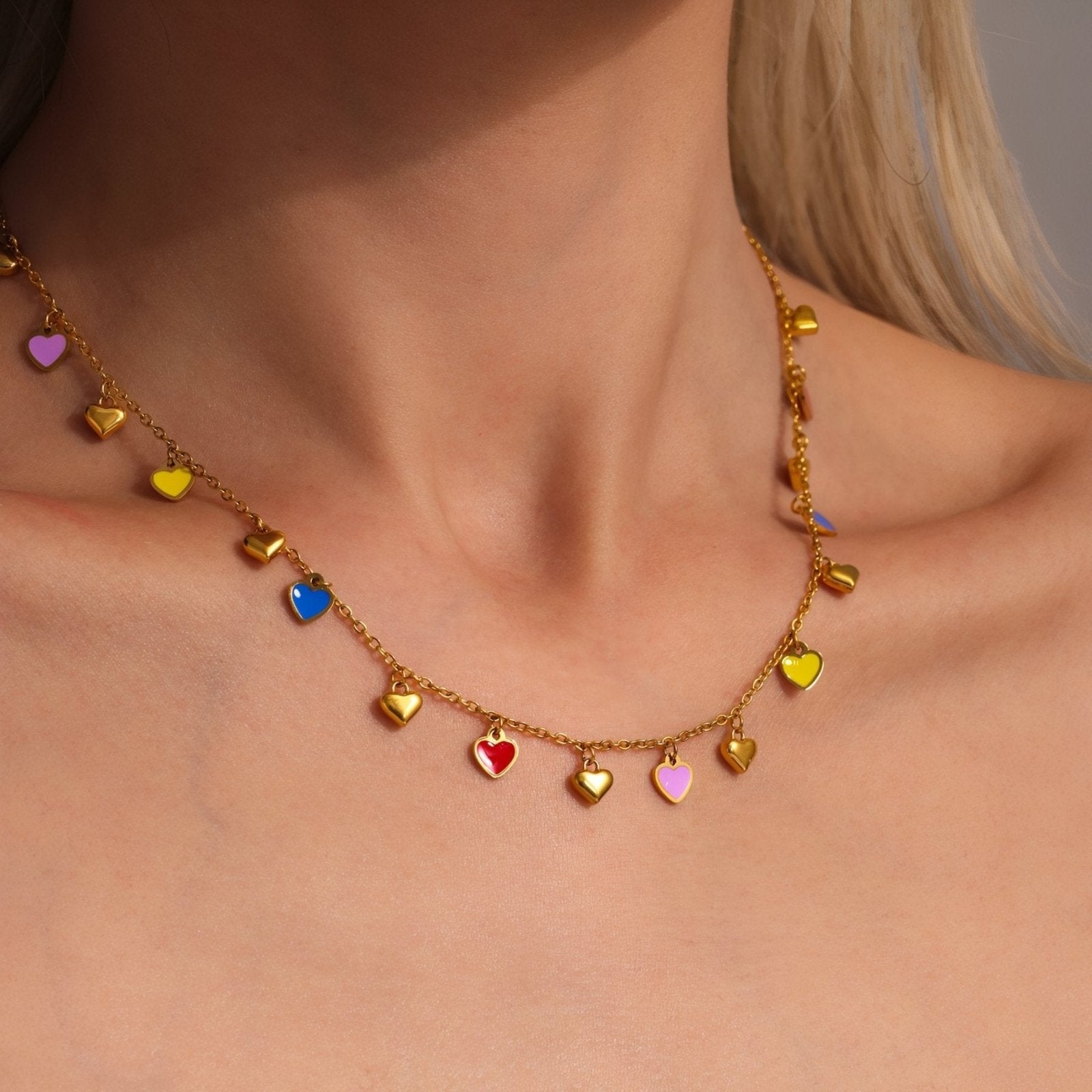 Collier romantique pour femme, pendentifs cœurs émaillés multicolores, en acier inoxydable