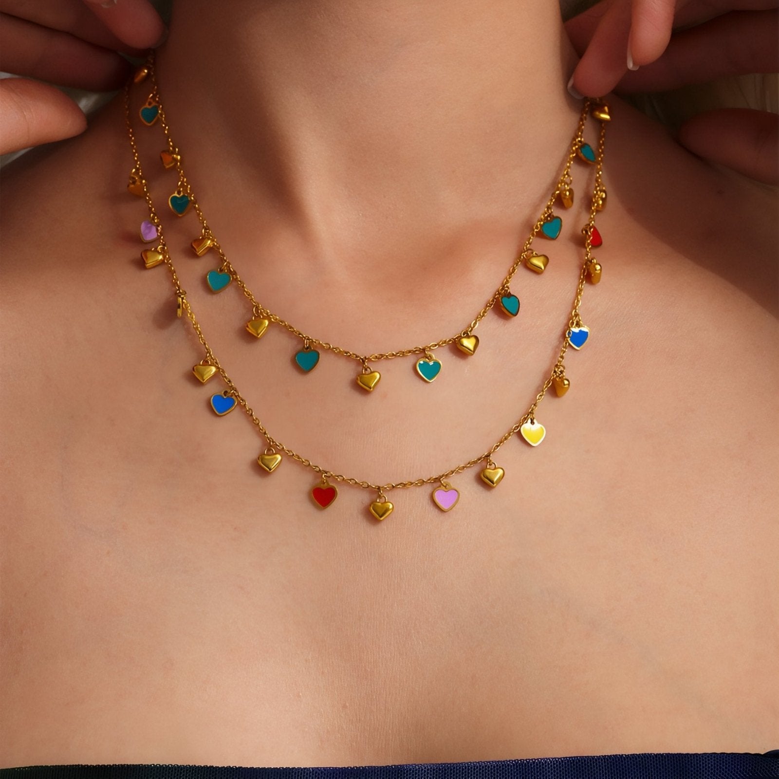 Collier romantique pour femme, pendentifs cœurs émaillés multicolores, en acier inoxydable