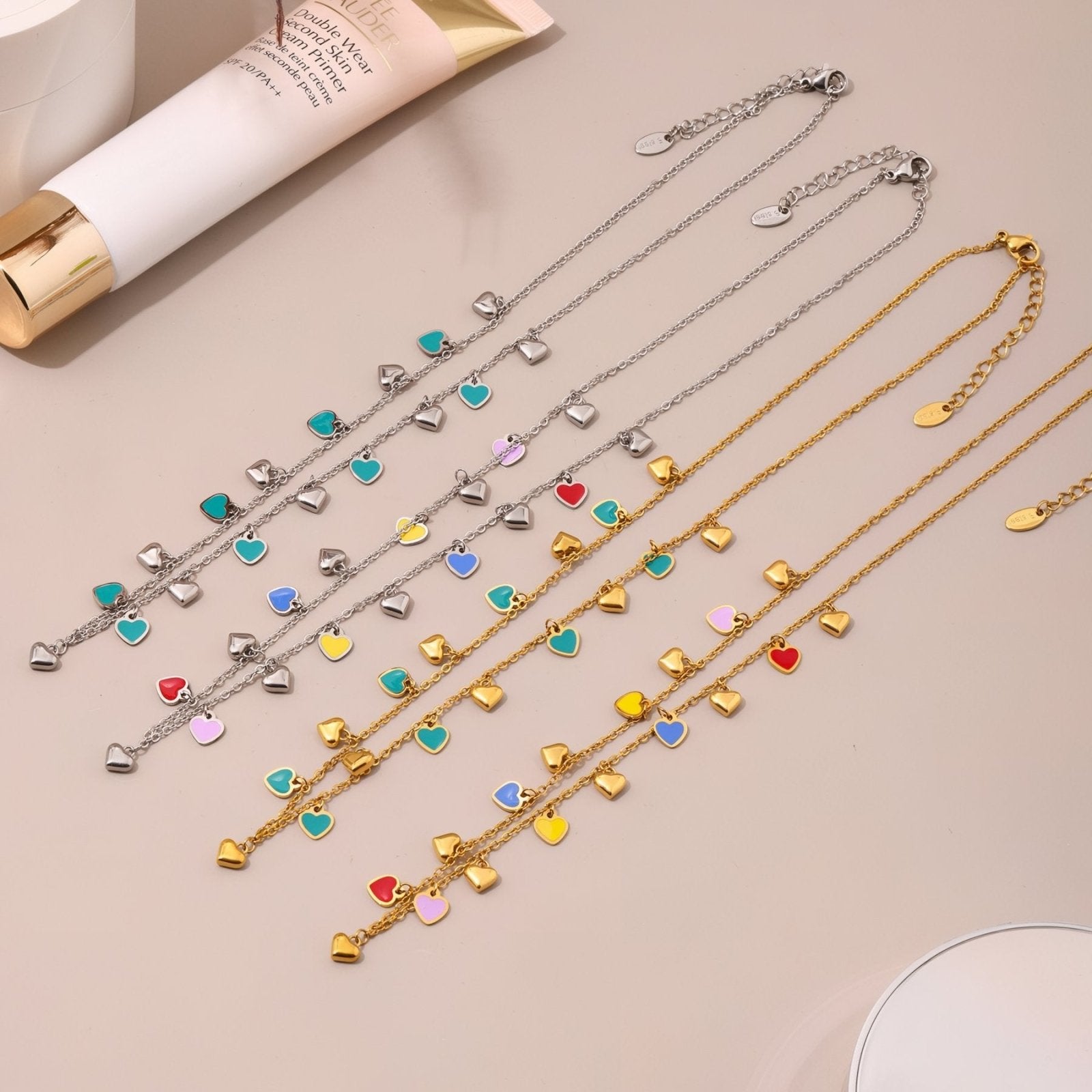 Collier romantique pour femme, pendentifs cœurs émaillés multicolores, en acier inoxydable
