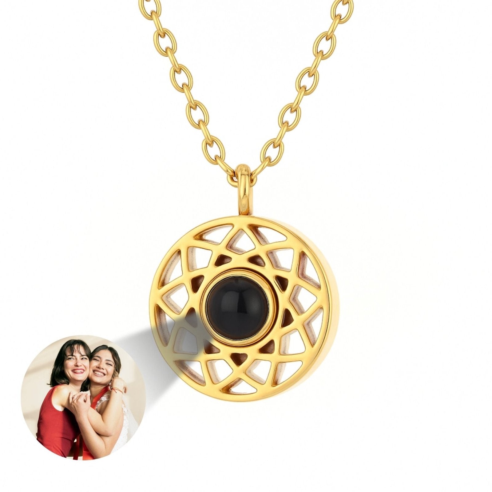 Collier rosace personnalisée avec photo projetée, en acier inoxydable, trois finitions, modèle Halo