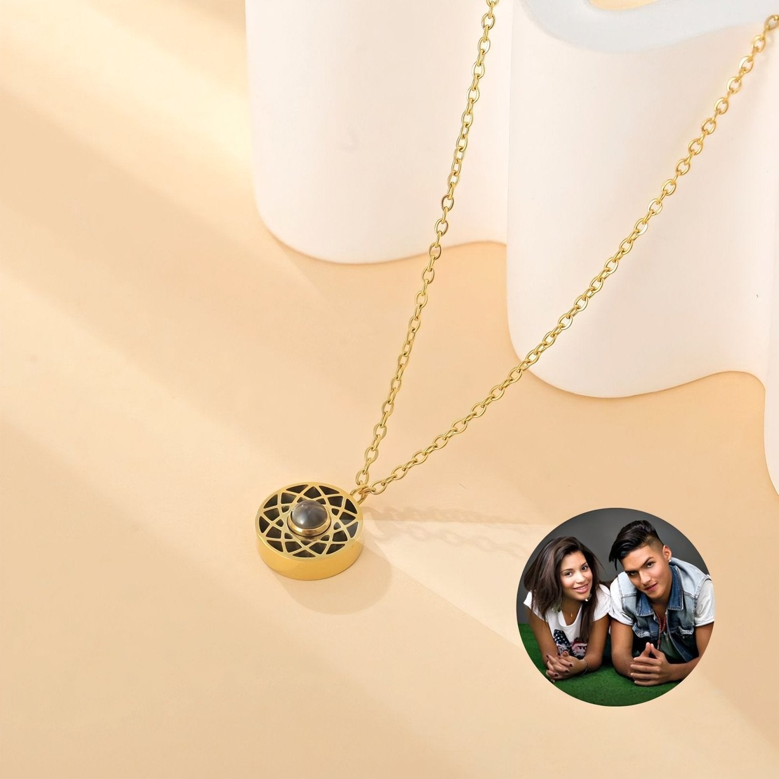 Collier rosace personnalisée avec photo projetée, en acier inoxydable, trois finitions, modèle Halo