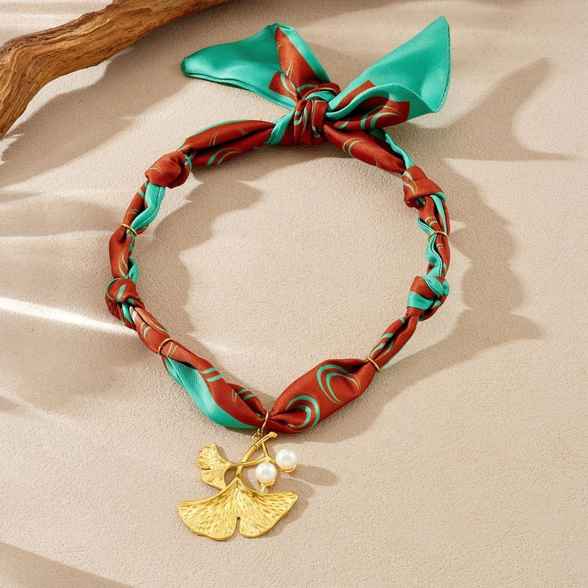 Collier ruban floral pour femme, en acier inoxydable, pendentif feuilles de ginkgo avec perles