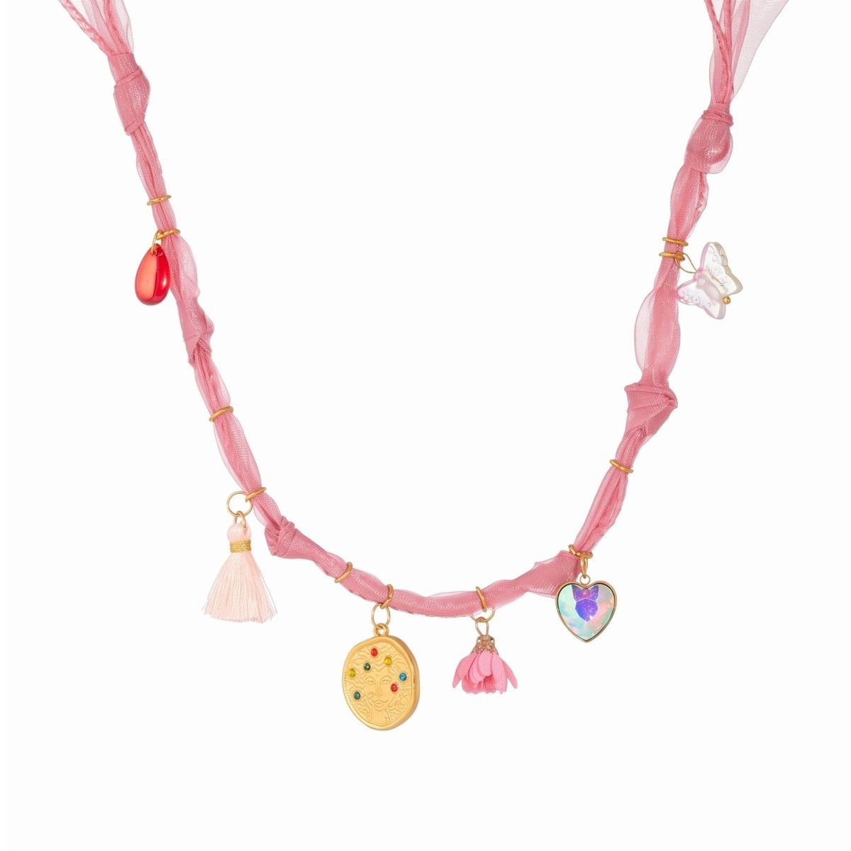 Collier ruban rose pour femme, en acier inoxydable, charms fantaisie colorés et pompons