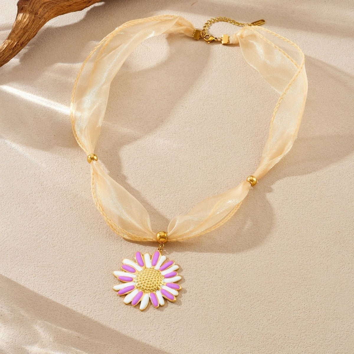 Collier ruban tournesol pour femme, en acier inoxydable, pendentif floral violet et blanc